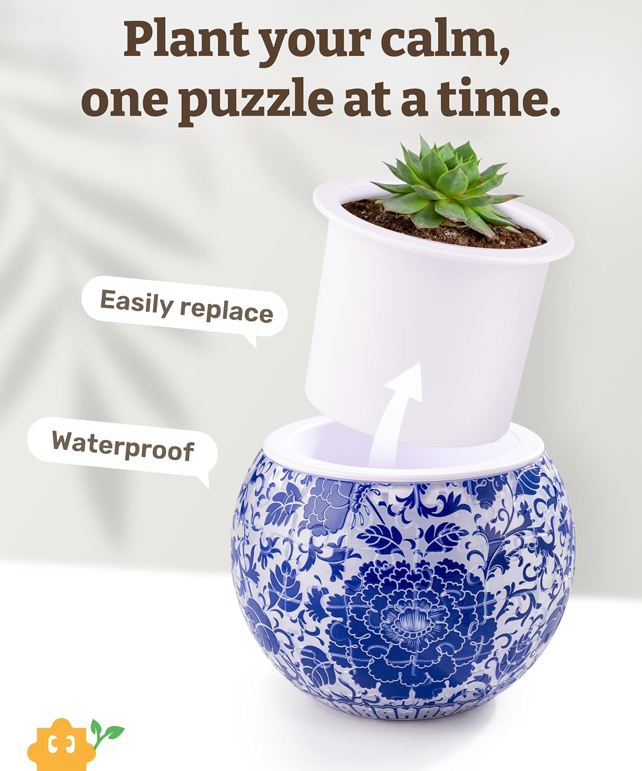 PieceRelax 3D Puzzle Planter - Oriental Floral Ornament - Small Round Plant Pots with Drainage, Home Decor Flower Pots for Indoor Cactus, Succulents Pots [K1101]