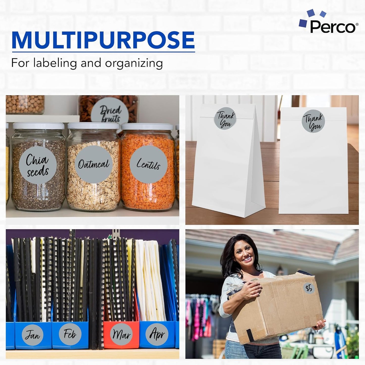 Perco Grey 3-Inch Round Circle Dot Sticker Labels - Multi-Roll Pack (3 Rolls, 500 Labels Each) - Permanent Adhesive, Vibrant Colors, Strong Hold - Perforated for Easy Use - Made in USA