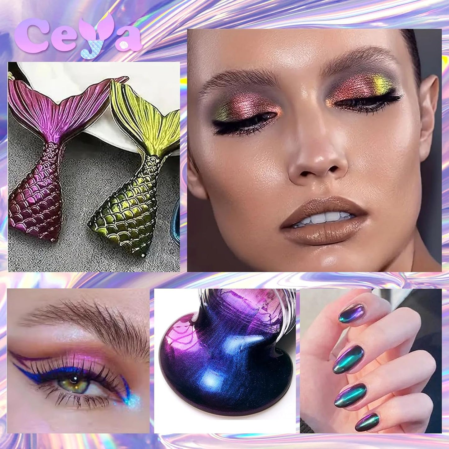 Ceya Chameleon Mica Powder Set 16 Colors, 2.8oz/ 80g Chrome Powder, Cosmetic Grade Pearlescent Effect Color Shift Pigment for Epoxy Resin, Soap Dye, Candle Making, Nail Art, Makeup, Slime, Paint