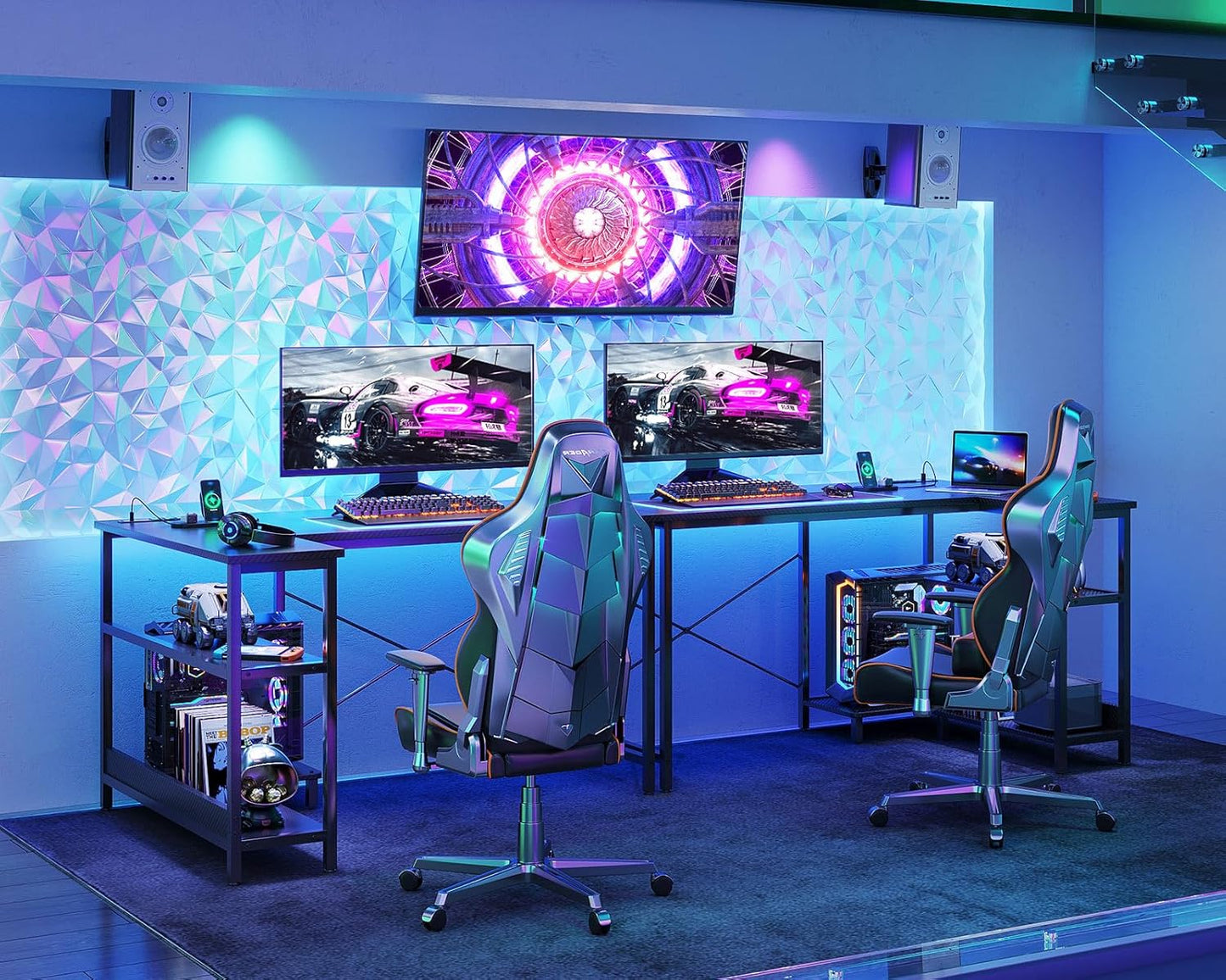 ODK 48 Inch Small L Shaped Gaming Computer Desk with Power Outlets, Corner Desk with Reversible Storage Shelves & PC Stand for Small Space, Modern Simple Home Office Table, Carbon Fiber Surface, Black