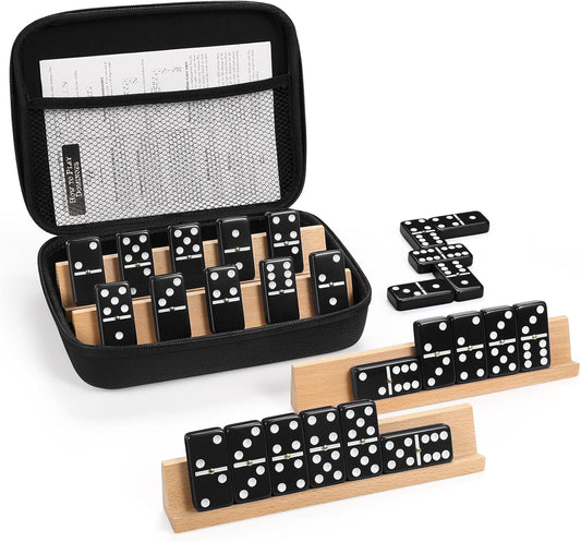 Dominoes Set for Adults with 4 Wooden Racks/Trays, Double Six Dominoes Travel Set with Portable Case Double 6 Dominoes Set with 4 Tiles Holders, 28 Tiles Dominos Set for Family Board Games - Black