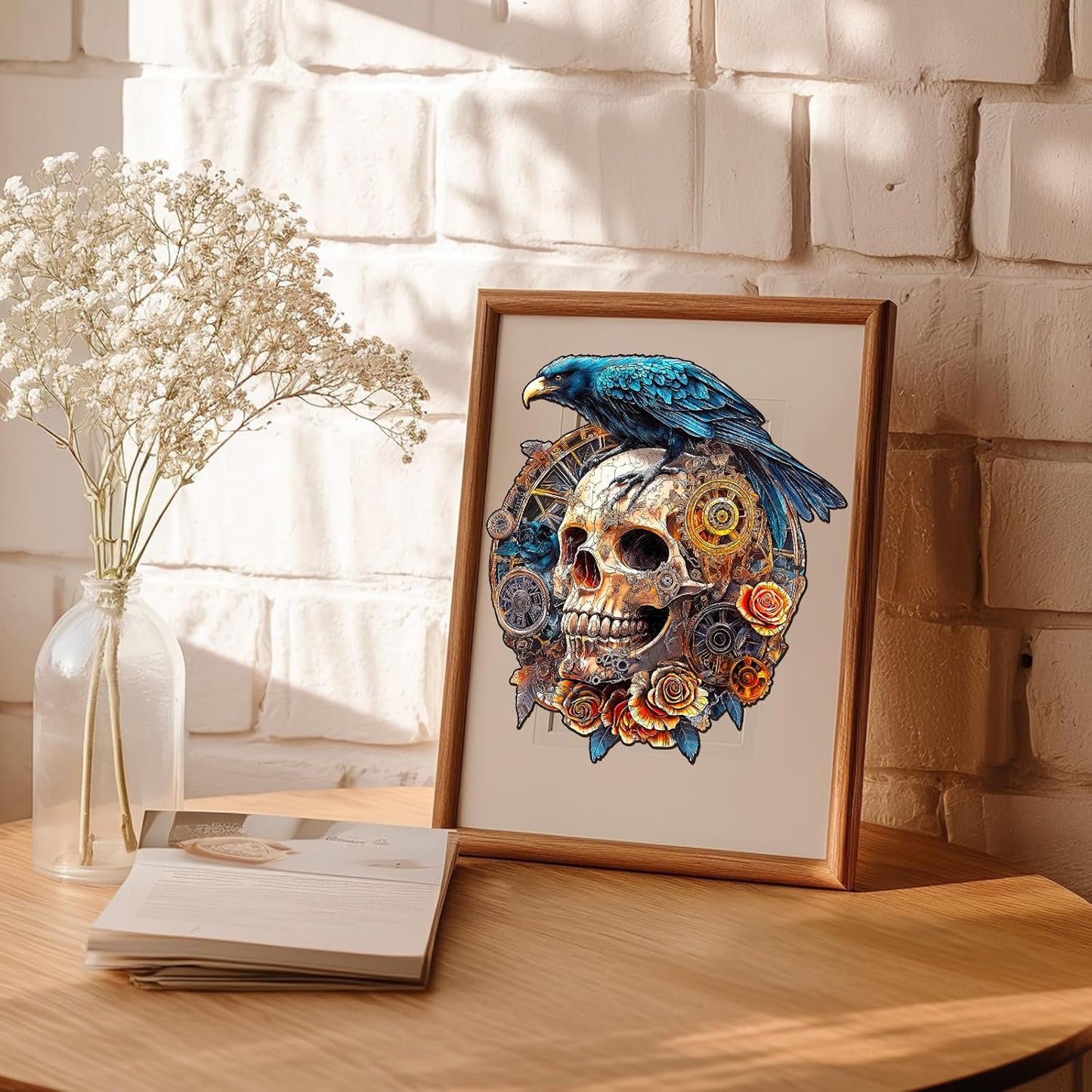 KAAYEE Wooden Puzzles for Adults, 3D Visual Effect Raven & Mechanical Skull Wooden Jigsaw Puzzle Unique Shape Wood Puzzle Adult, 3D Effect Flat Puzzle Birthday Family Games (S-8.5 * 7.5in-95pcs)