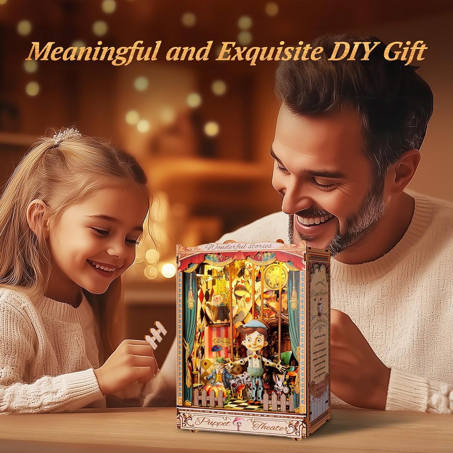 LED 3D Wood Puzzle Puppet Theater Book Nook Kit - Interactive Miniature DIY Bookshelf Insert with Movable Puppets - Creative Fantasy Scene Home Decor Gift(Puppet Theater)