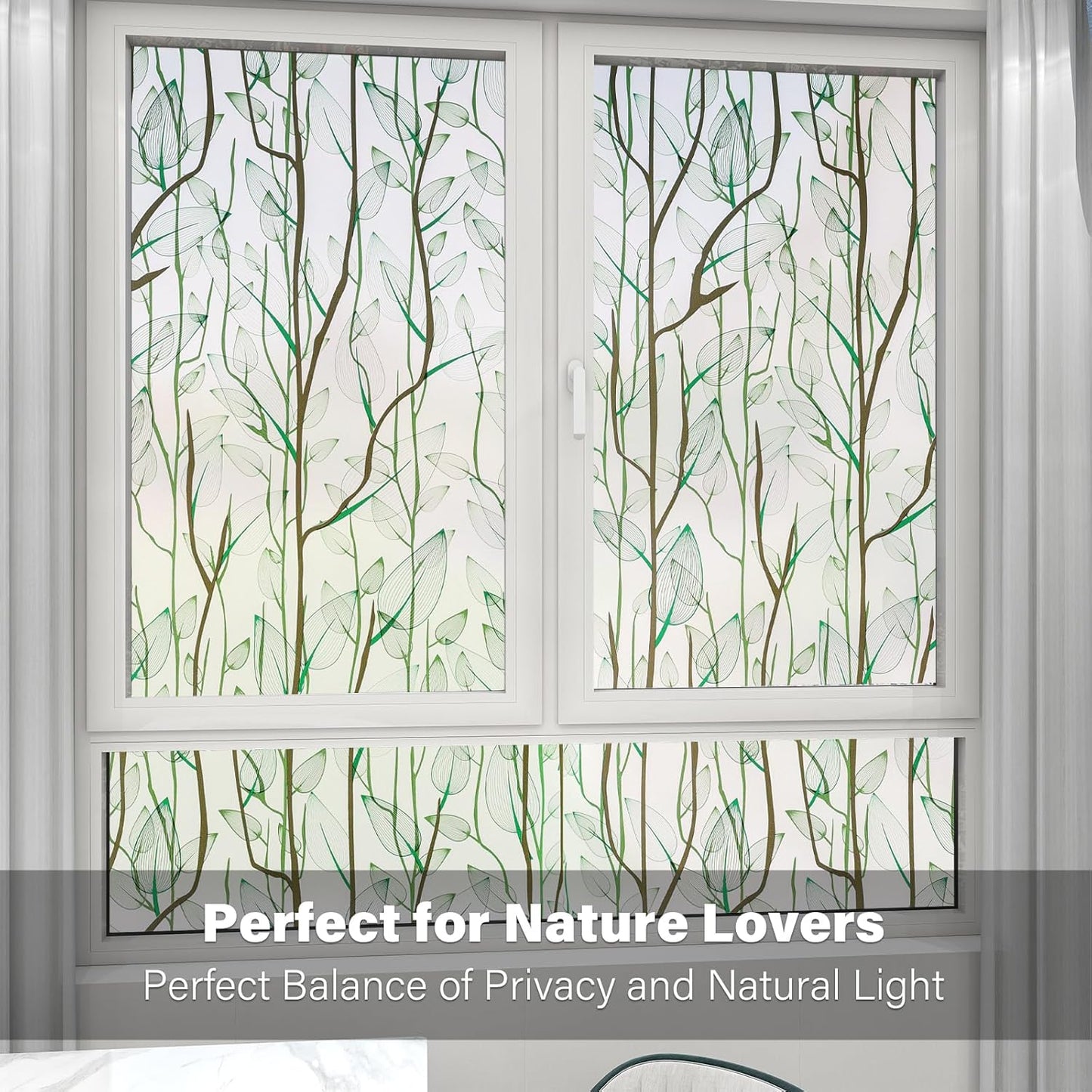 Donox Frosted Glass Window Film Heat Control UV Blocking, Static Cling Reusable Home Bathroom Door Window Privacy Film, Green Leaf Pattern Window Covering with Installation Tool, 17.5 in x 13.1 feet