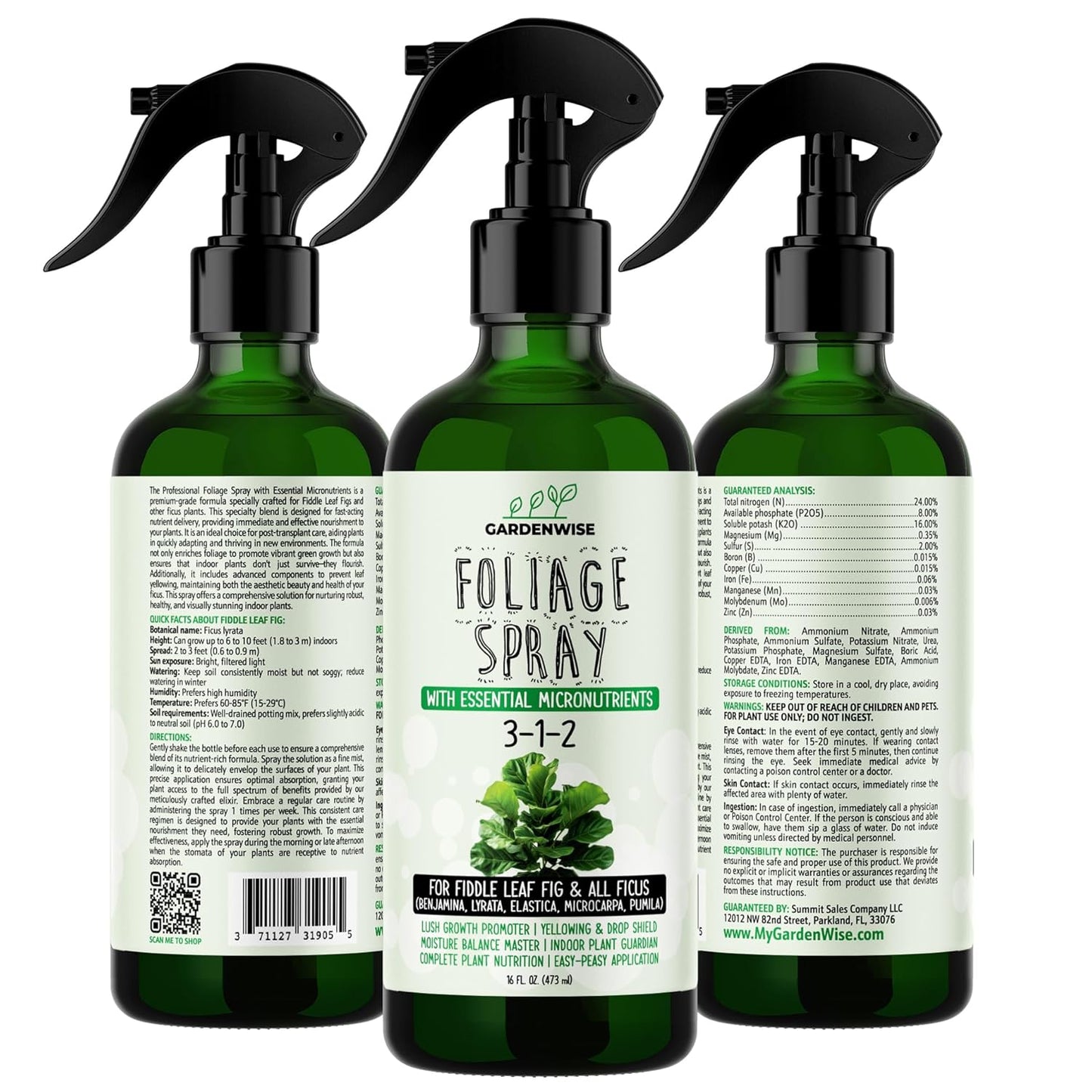 3-1-2 Fiddle Leaf Fig Foliar Spray - Plant Shine & Fertilizer - Premium Spray for Indoor Plants with Essential Nutrients - Fiddle Leaf Fig Plant Food & Fertilizer - Ready-to-Use (8 OZ)