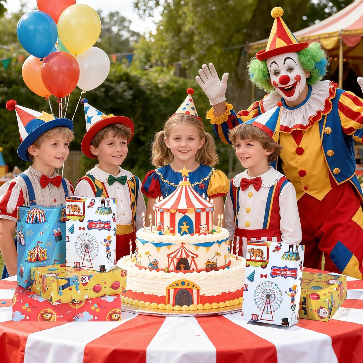 Pineraap 12 Sheets Circus Wrapping Paper, Cute Circus Acrobatic Clown Ferris Wheels Balloon Tent Pattern Folded Gift Packing Paper for Birthday, Baby Shower, Parties, Gifts, Crafts, 20 x 28 inch