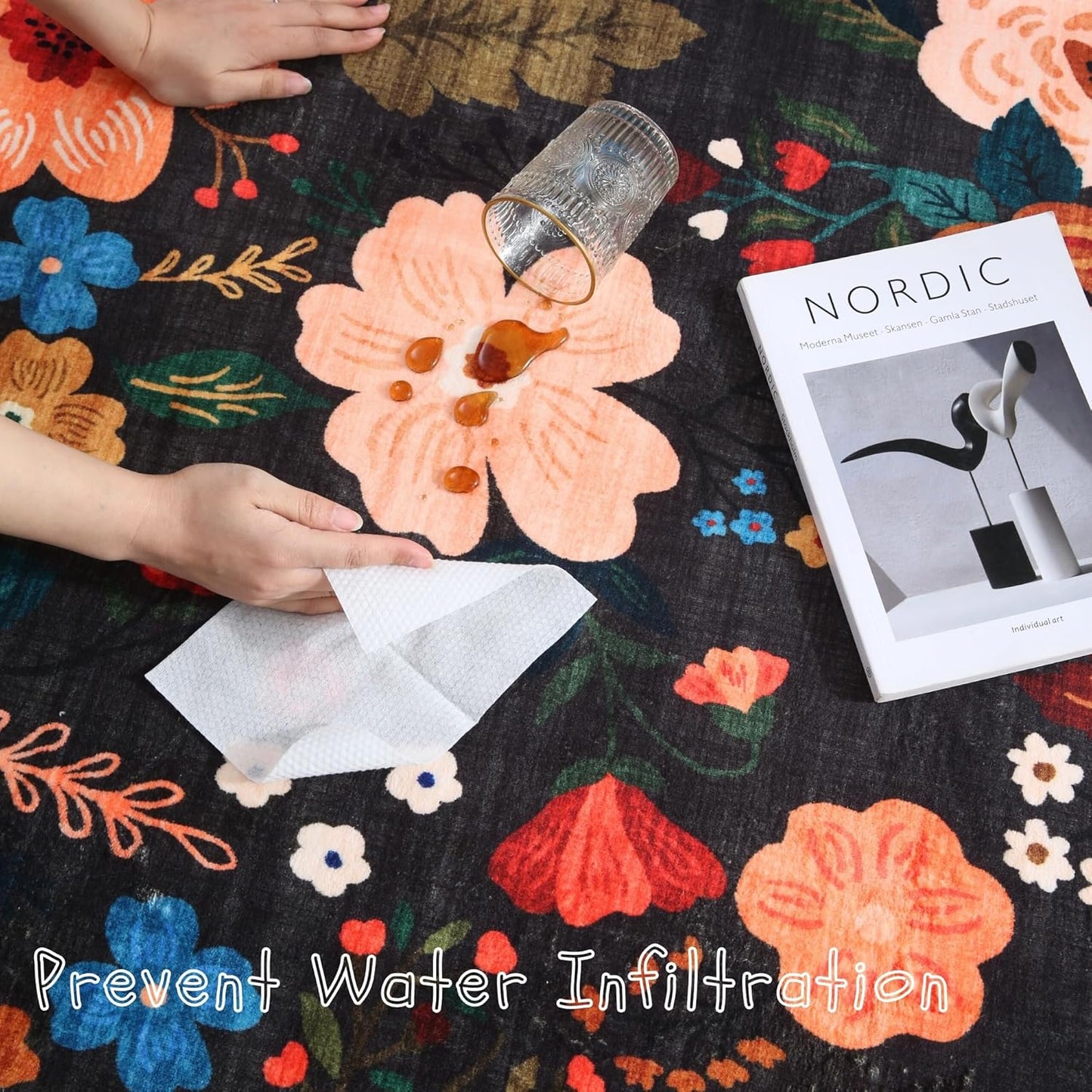 Rugcomf Area Rugs 8x10 Rug for Living Room Clearance Washable Boho Area Rug Non Slip Floral Vintage Low Pile Large Rug for Living Room, Bedroom, Farmhouse, Dining Room, Kids Playroom(Black)