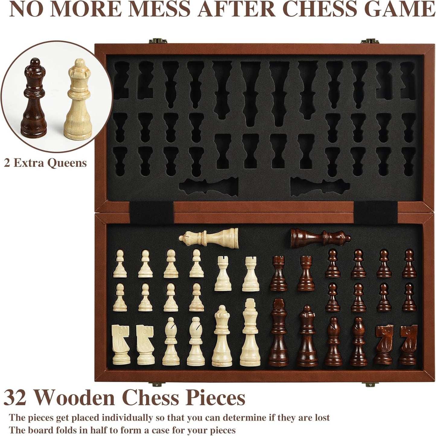 Magnetic Chess Set for Adult Kid, 15.4" Leather Chess Board with Handmade Chess Piece Including 2 Extra Queens and Storage Slot, Folding Portable Travel Chess Game for Beginner and Professional