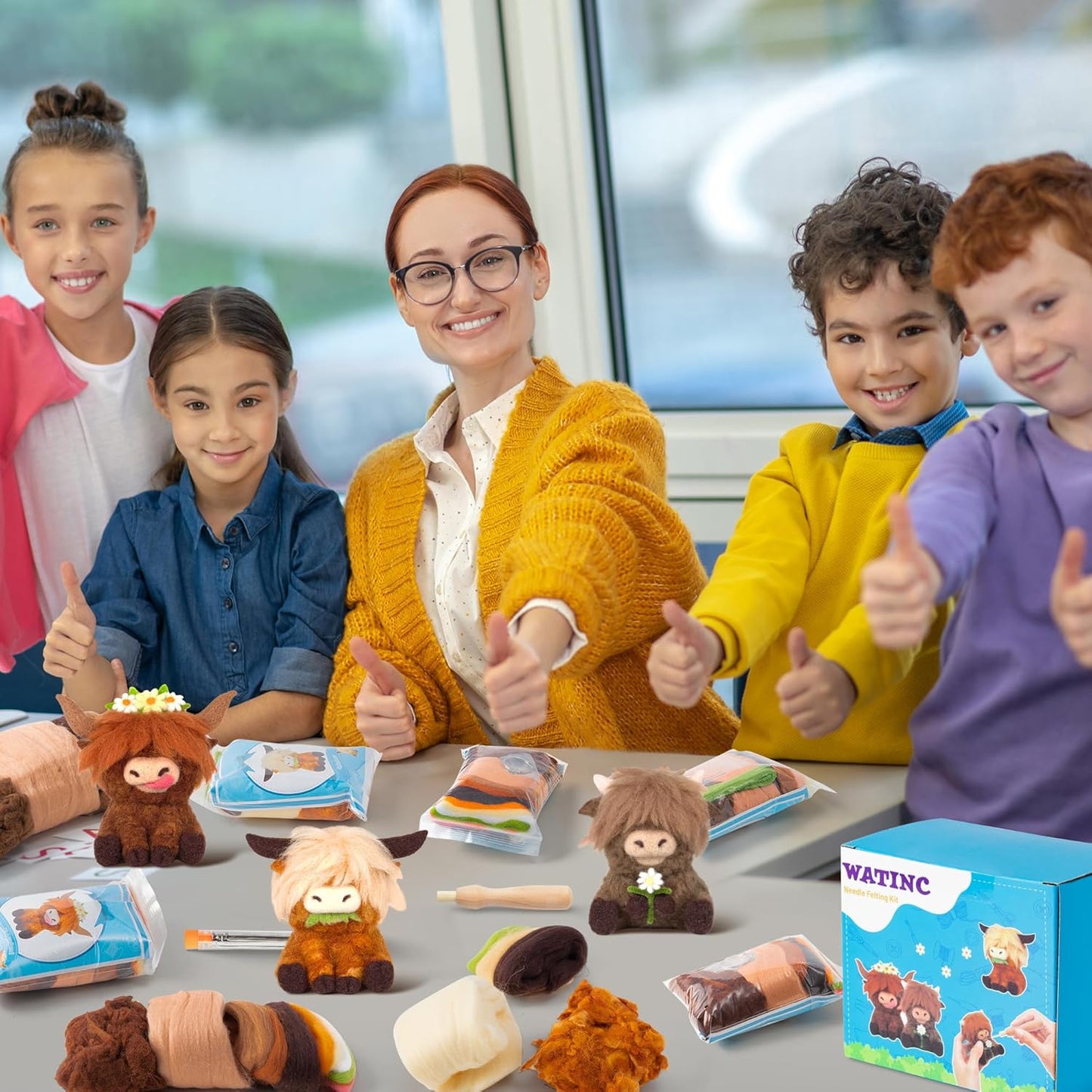 WATINC Needle Felting Kit - 3 Set Unique Different Cute Doll Wool Felt Needle Tools Foam Pad Instruction, DIY Home Decoration Craft Party Supplies for Art Work Starter Beginners (Highland Cow)