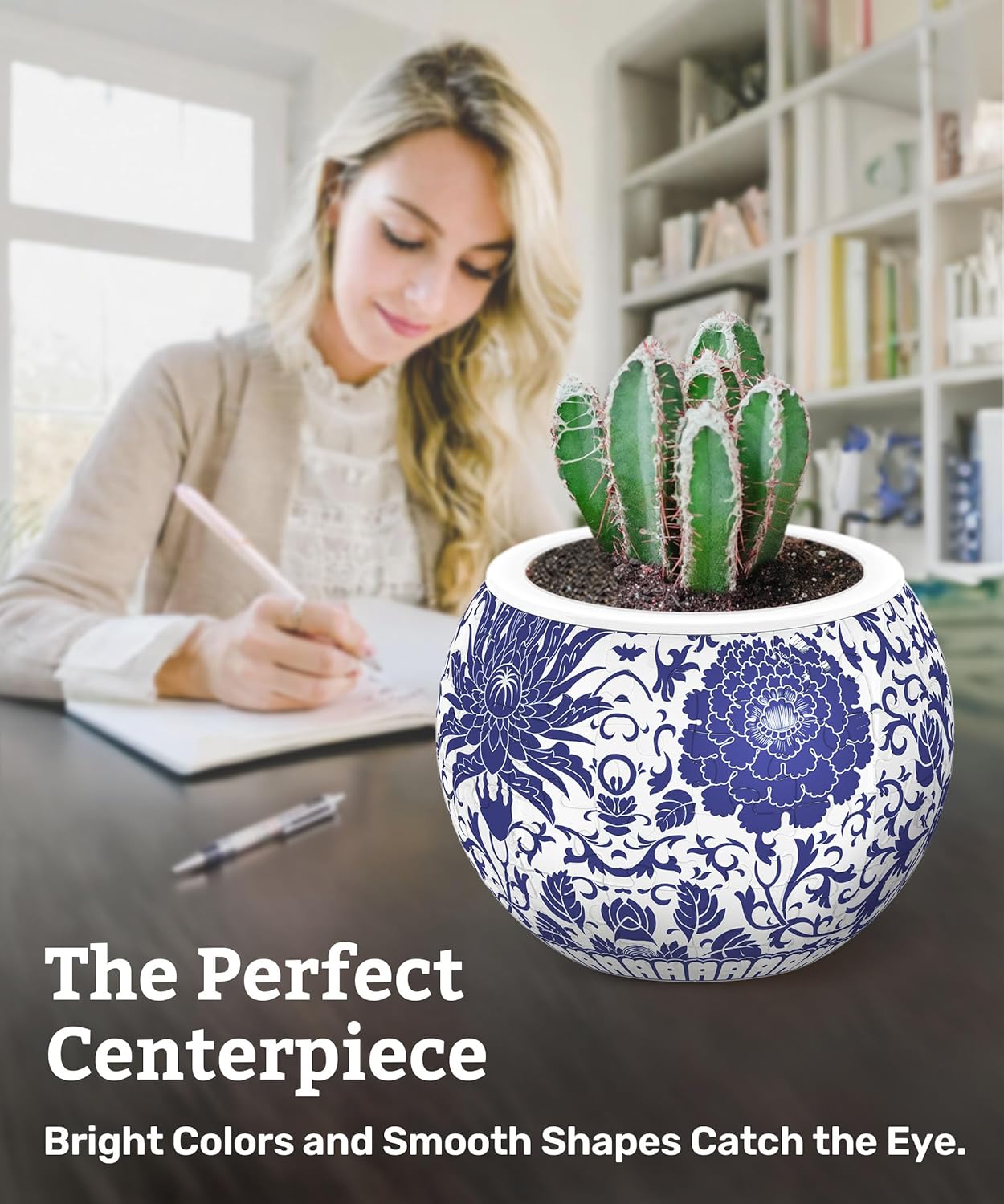 PieceRelax 3D Puzzle Planter - Oriental Floral Ornament - Small Round Plant Pots with Drainage, Home Decor Flower Pots for Indoor Cactus, Succulents Pots [K1101]