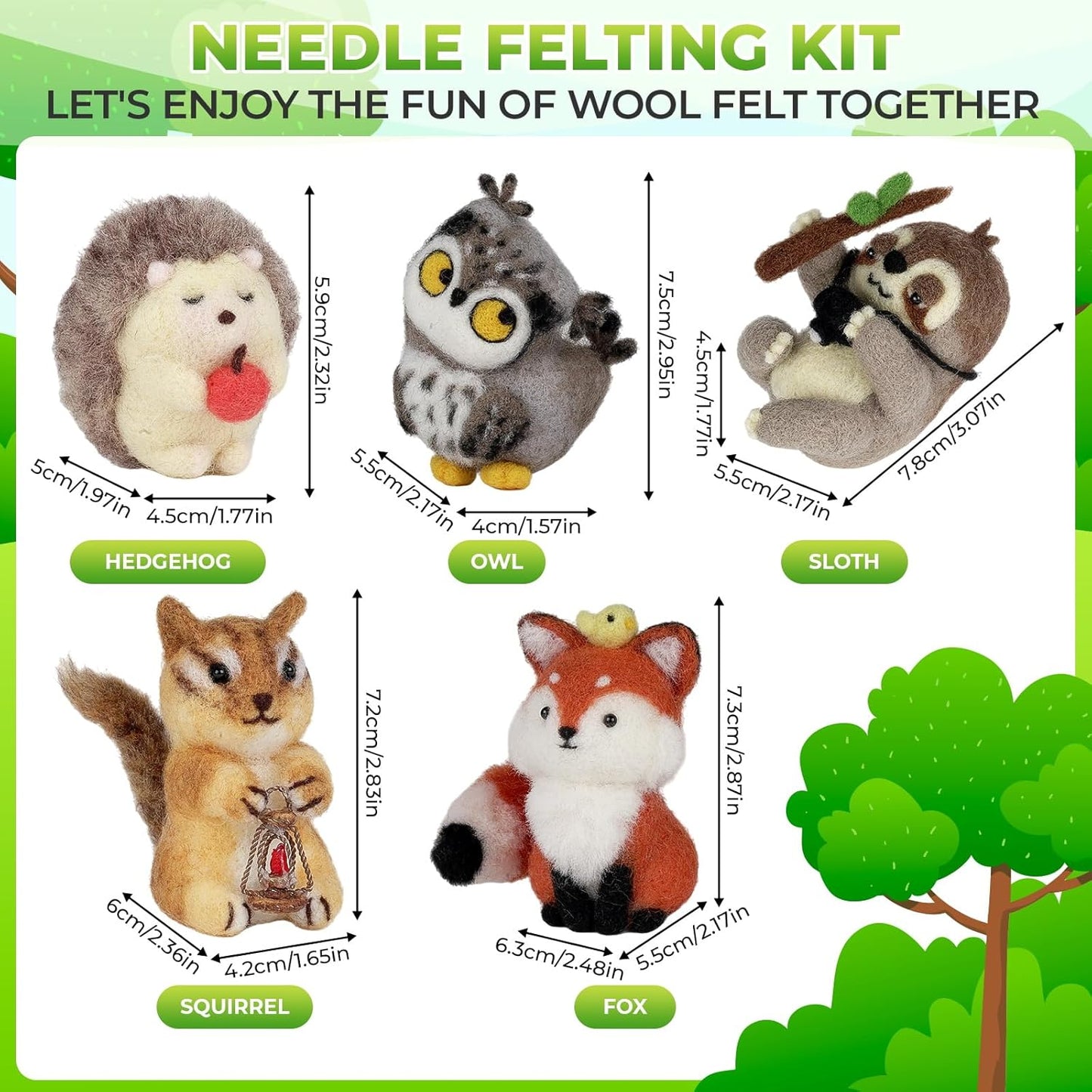 MOREJMTT Needle Felting Kit, 5 PCS Animal Needle Felting Beginner Kits, Wool Felt Needle Felting Tools Foam Pad, Craft Party Supplies for Beginners Adult(Forest Animals)