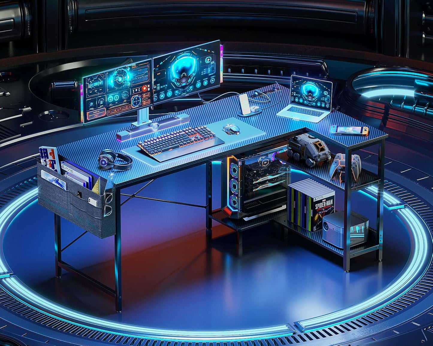 ODK 55 Inch L Shaped Gaming Computer Desk with Power Outlets, Corner Desk with Reversible Storage Shelves & PC Stand for Small Space, Modern Simple Home Office Table, Carbon Fiber Surface, Black