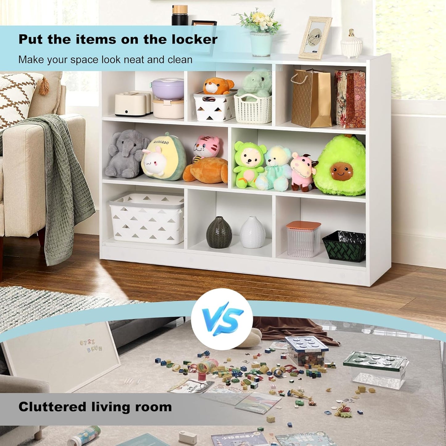 Grepatio 3 Tier 8 Cube Bookshelf, Toy Shelf Storage Organizer Bookcase with Open Shelf, Wood Cube Shelves for Kids Toy, Playroom, Book, Bedroom, Living Room (White)