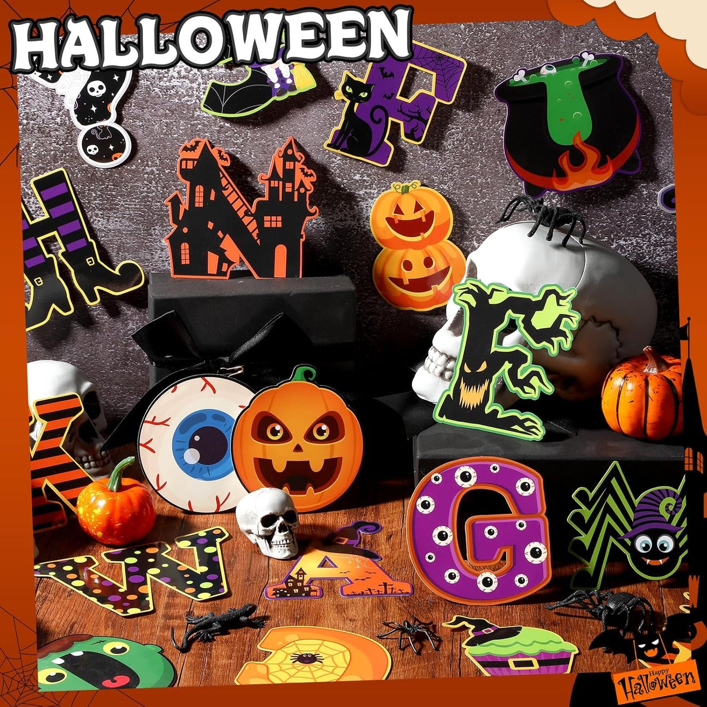 Faccito 176 Pcs Halloween Bulletin Board Decorations Letters Numbers Alphabet Paper Cutouts Punctuation Symbols Combo Set Pumpkin Spider Bat Classroom Decorations for School Chalkboard Party