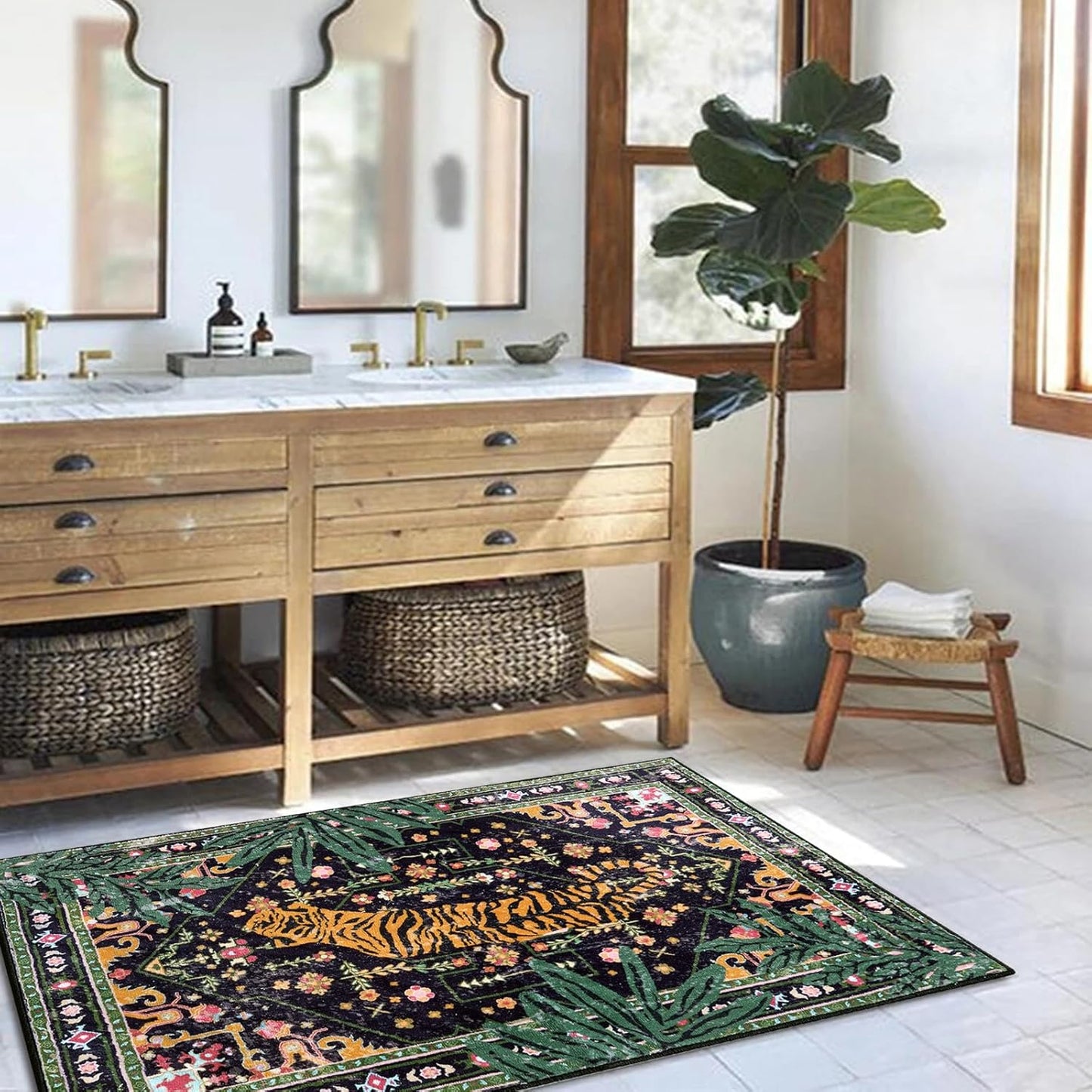 Oriental Tropical Entryway Rugs Washable, Thin Black Boho Vintage Distressed Hippie 2x3 Throw Rugs for Bathroom Kitchen Indoor Doormat Non-Slip Abstract Botanical Tribal Indian Accent Carpet