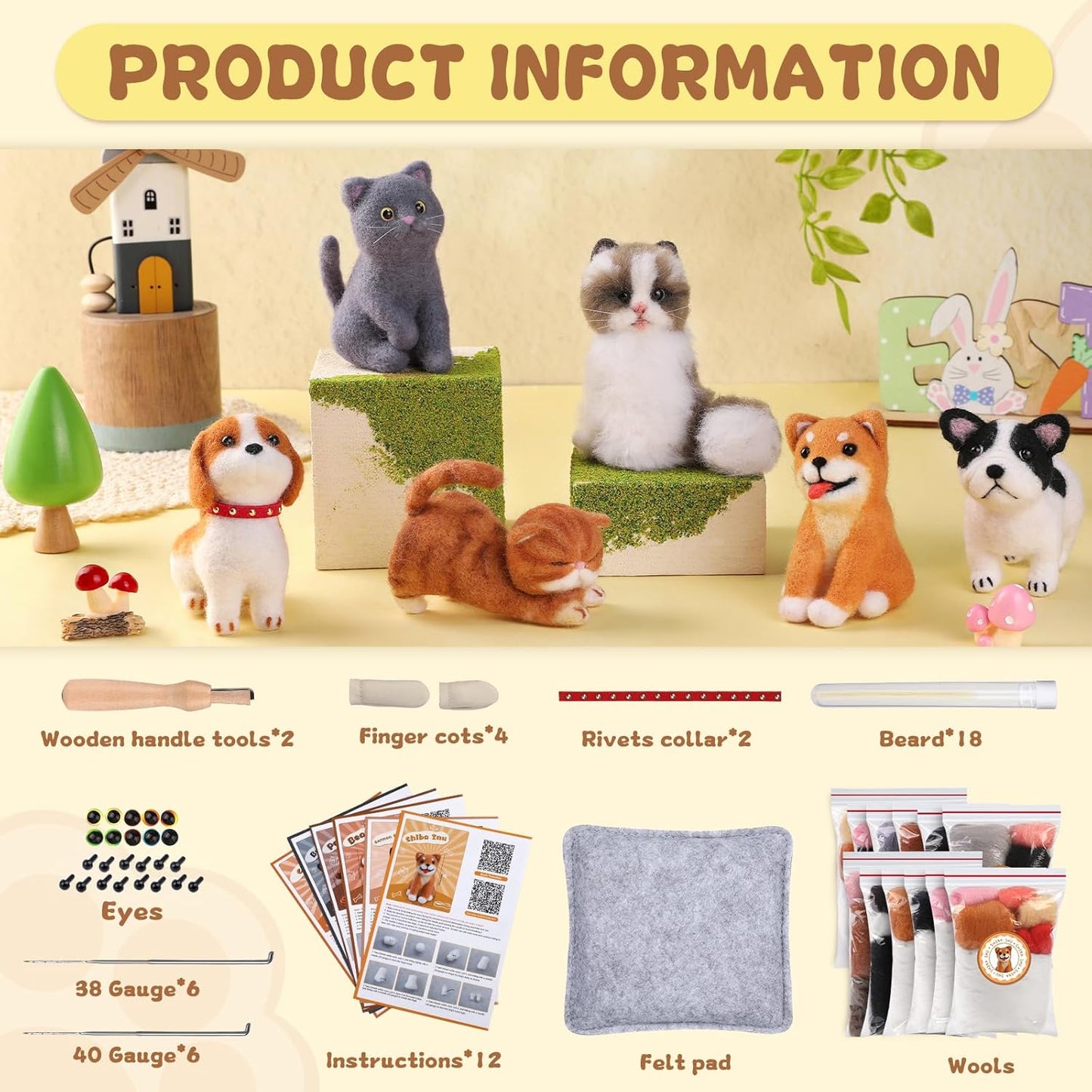 Mayboos 12 Pcs Needle Felting Kit, Animal Needle Felting Beginner Kits Wool Felt Needle Felting Tools with Instruction for DIY Craft Animal Home Decoration