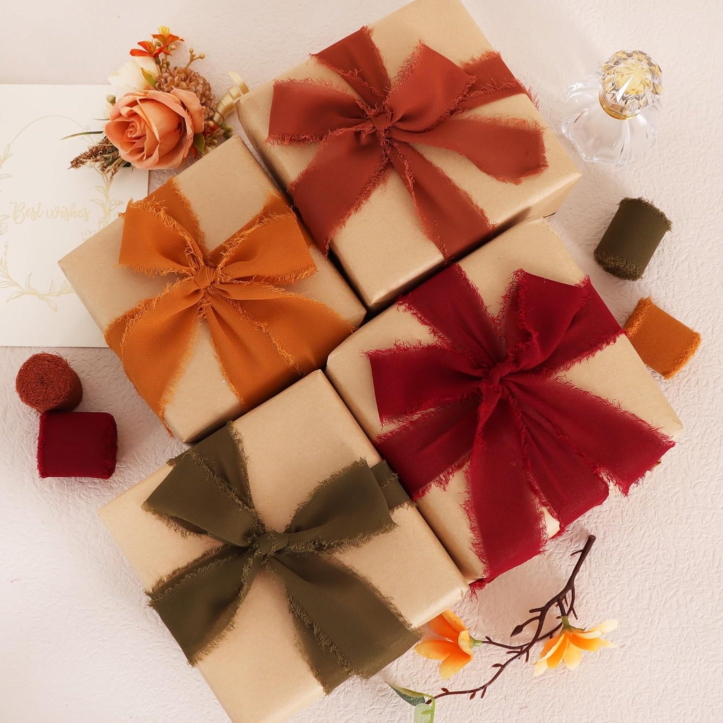 TONIFUL 4 Rolls Silk Chiffon Ribbon 1-1/2 Inch x 22 Yards,Orange Moss Brown Khaki Handmade Fringe Ribbon for Gift Wrapping Flowral Thanksgiving Christmas Wreath Tree Autumn-Themed Party Decoration