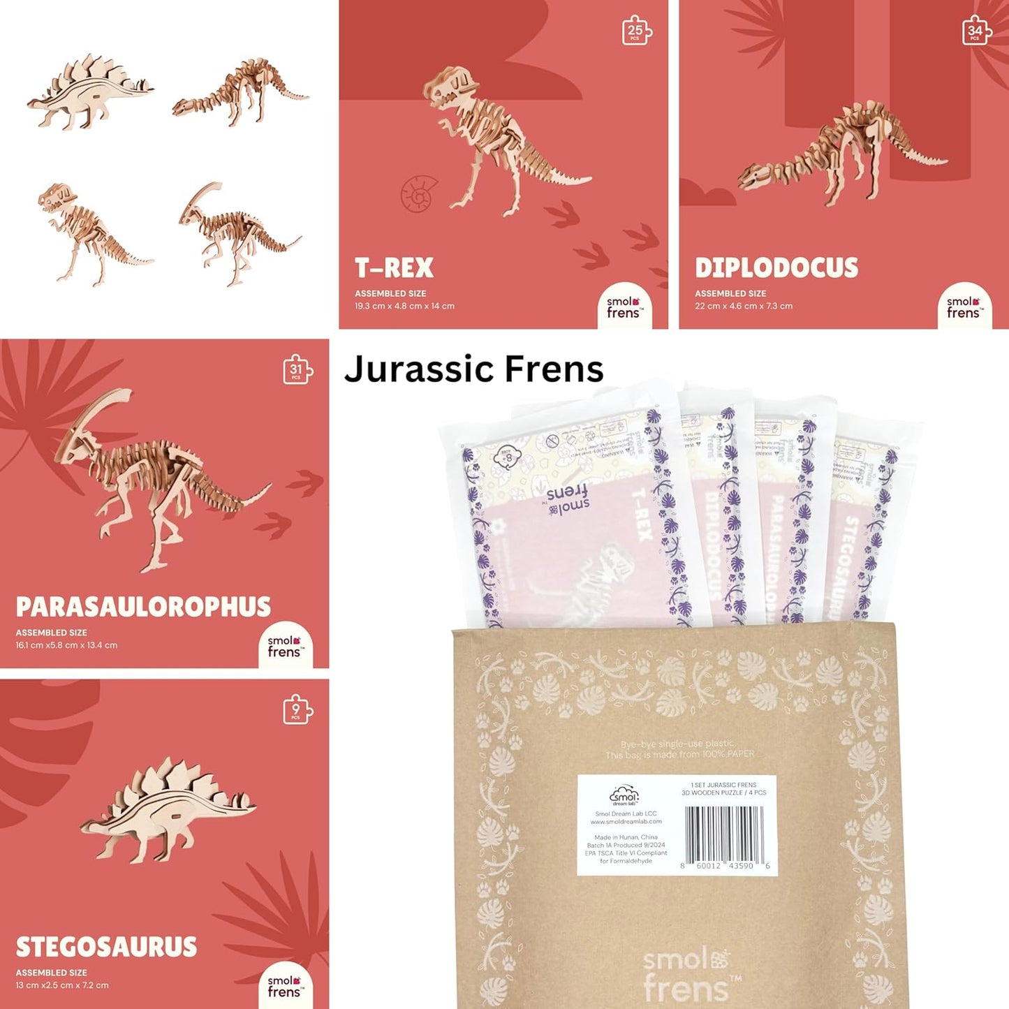 Wooden Dinosaur Puzzles for Ages 8+, 4 Pack 3D Wooden Puzzles, STEM Kits for Kids & Adults, Wood Crafts Model Kits, STEM Toys, DIY Art Projects, Educational Gifts Toys, Party Favors - Jurassic Frens