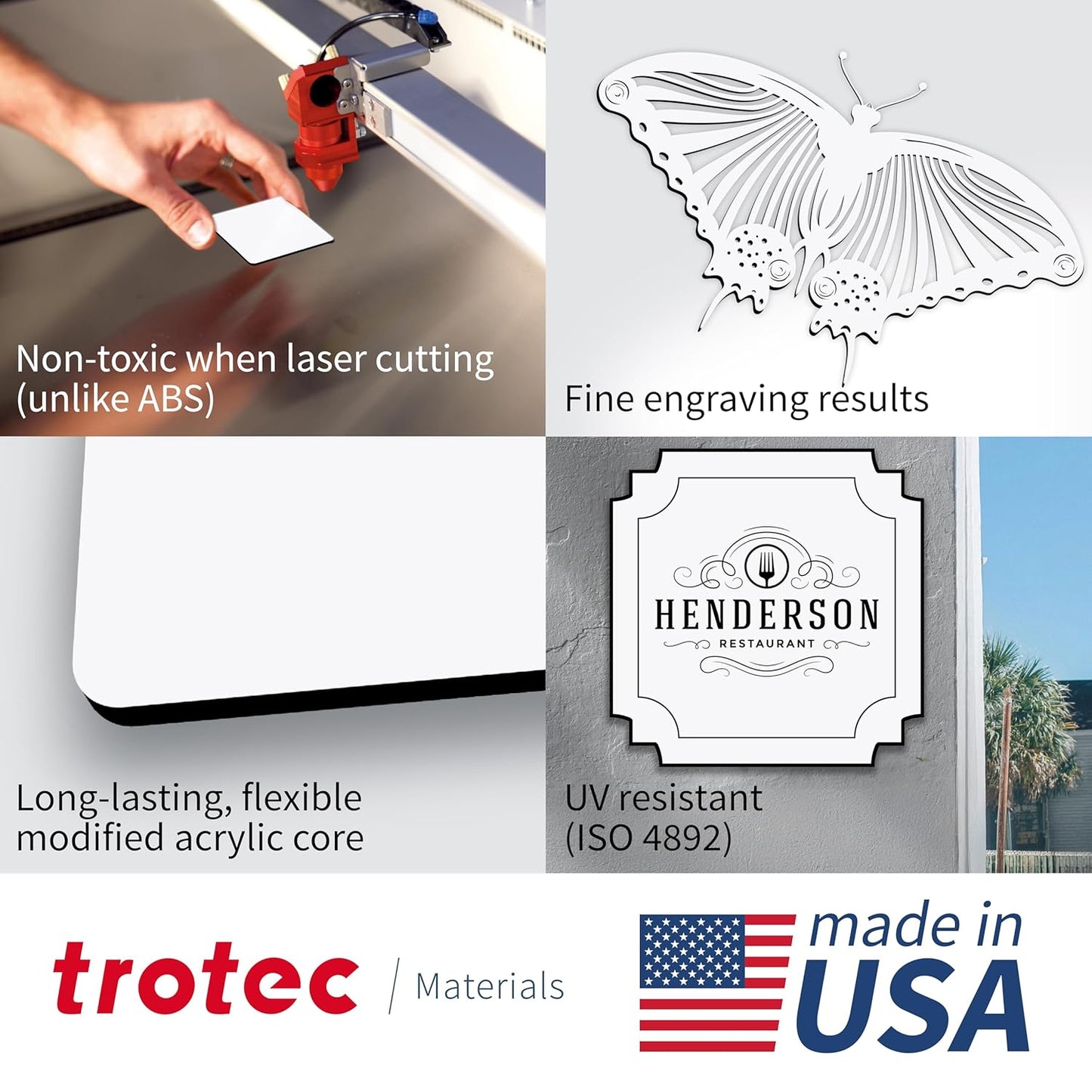 Trotec TroLase | 12"x24"x1/16", 4 Pcs | White/Black | 2 Ply | Modified Acrylic | Laser Engraving Double Color Plastic Sheet | Engraving Blanks for Laser, Saw, Guillotine | Made in USA