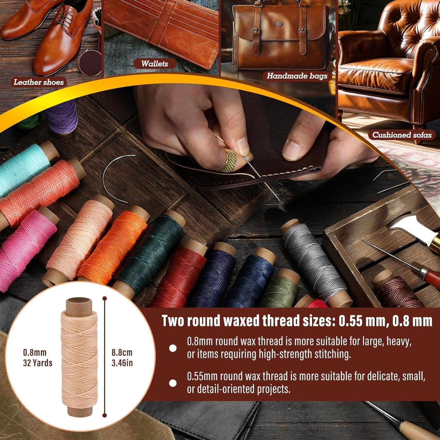 0.8 mm Leather Sewing Thread, 16 Colors 32 Yards Waxed Thread, Round Waxed Thread,Wax String for Bracelet Making, Sewing Stitching, Braiding, Beading, Bookbinding