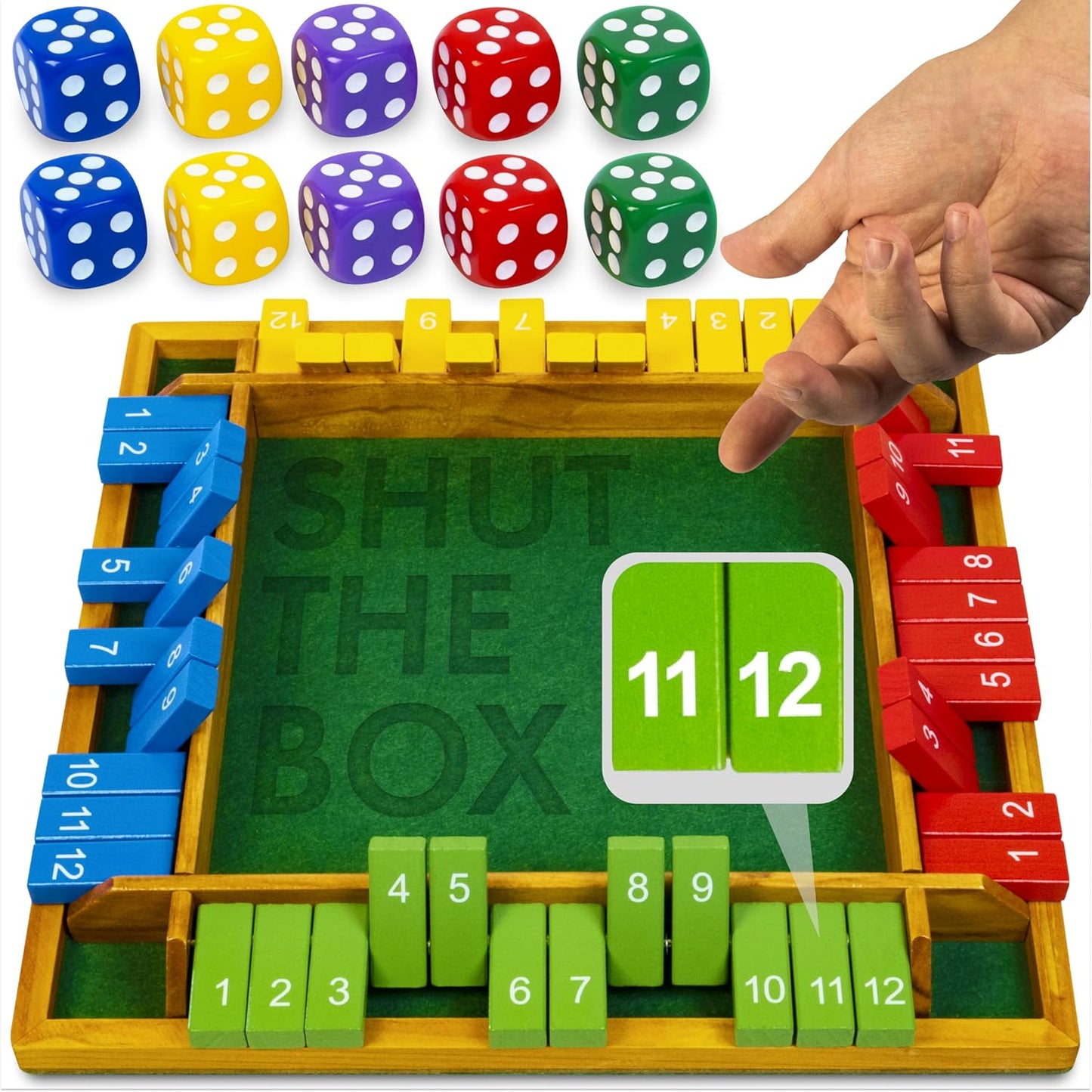 Shut The Box Game Wooden Board for 4 Players - 14-inch Shut The Box Game 12 Numbers for Adults & Kids - Ideal for Games Night