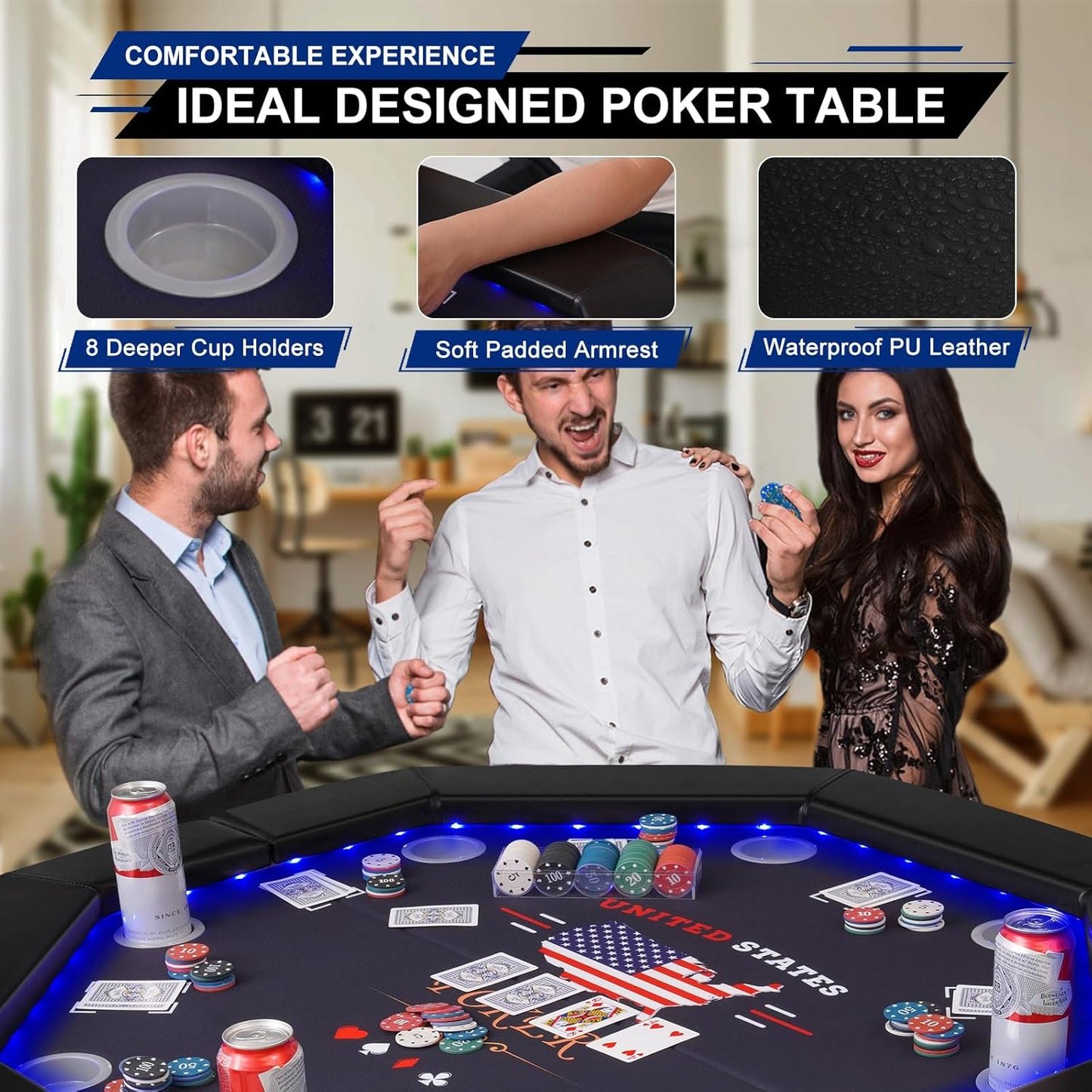 LED Poker Table Foldable, Octagon Casino Leisure Gamimg Table for 8 Player, Folding Texas Holdem Blackjack Table w/Built-in LED Light, Padded Rails & Cup Holders for Home Game Room