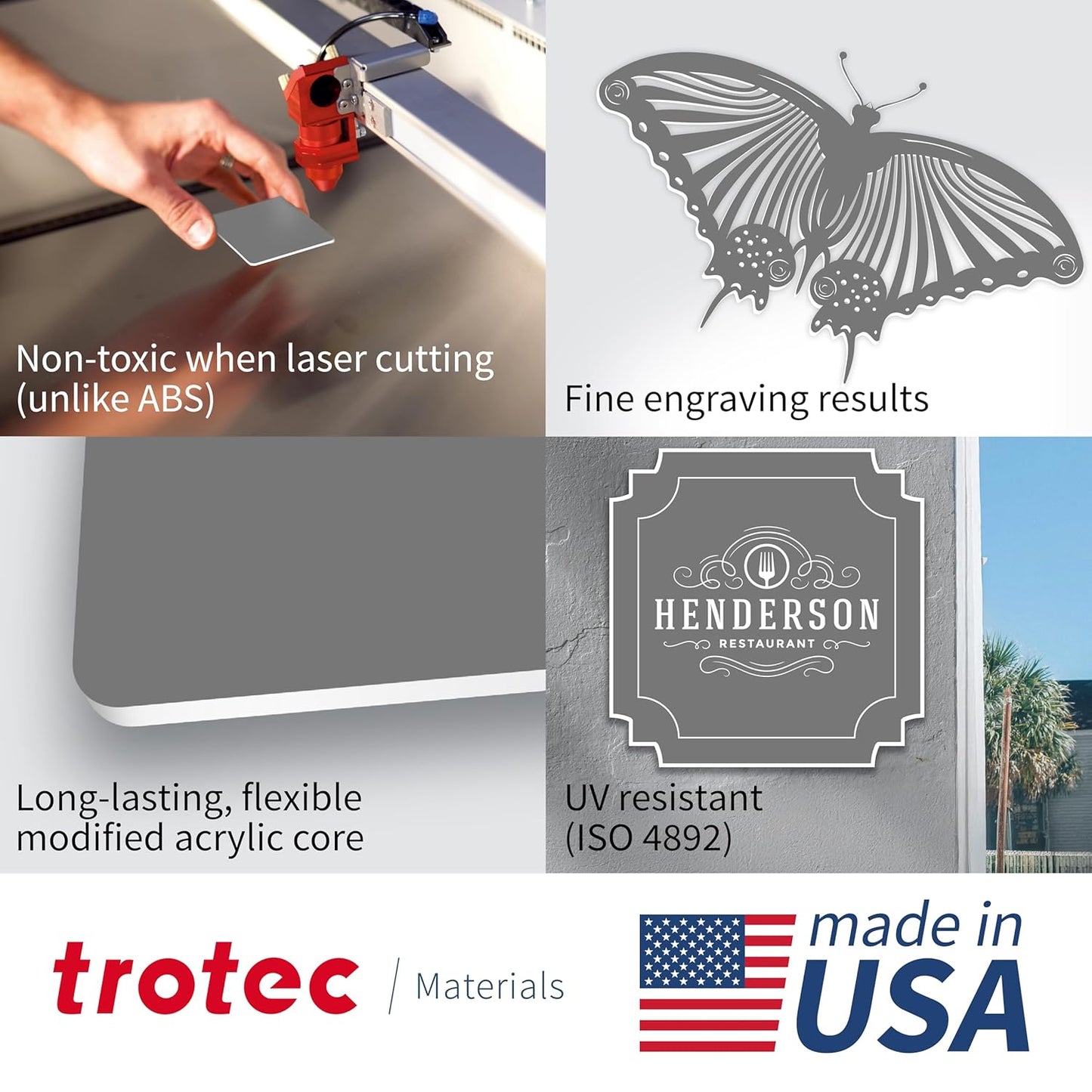 Trotec TroLase | 12"x24"x1/16", 4 Pcs | Smoke Grey/White | 2 Ply | Modified Acrylic | Laser Engraving Double Color Plastic Sheet | Engraving Blanks for Laser, Saw, Guillotine | Made in USA