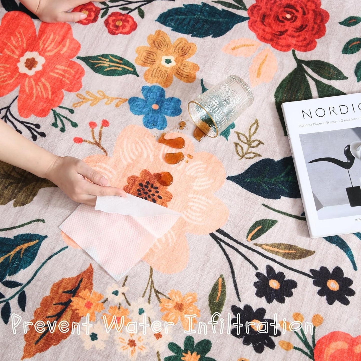 Rugcomf Bedroom Rug 3x5 Rug Washable Area Rug Non Slip Low Pile Boho Floral Small Carpet for Bedroom, Bedside, Kitchen, Entryway, Kids Room, Office, College Dorm Essentials for Girls(Beige)