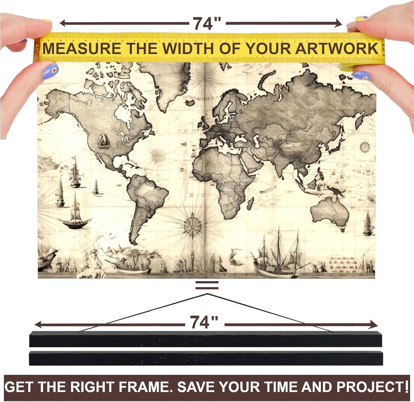 DACRI HOME 74" Magnetic Poster Hanger Frame - Sturdy Teak Wood Poster Frame, Strong Magnets for Safe Hanging Map Picture Print Scroll Wall Art 74x26 74x36 74x48 (74 Inch, Black)