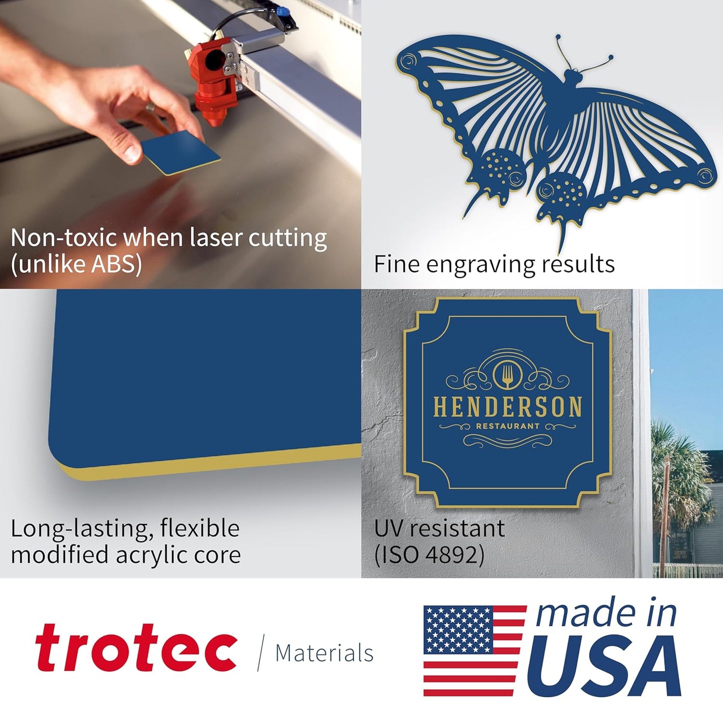 Trotec TroLase | 12"x20"x1/16", 4 Pcs | Navy Blue/Gold | 2 Ply | Modified Acrylic | Laser Engraving Double Color Plastic Sheet | Engraving Blanks for Laser, Saw, Guillotine | Made in USA