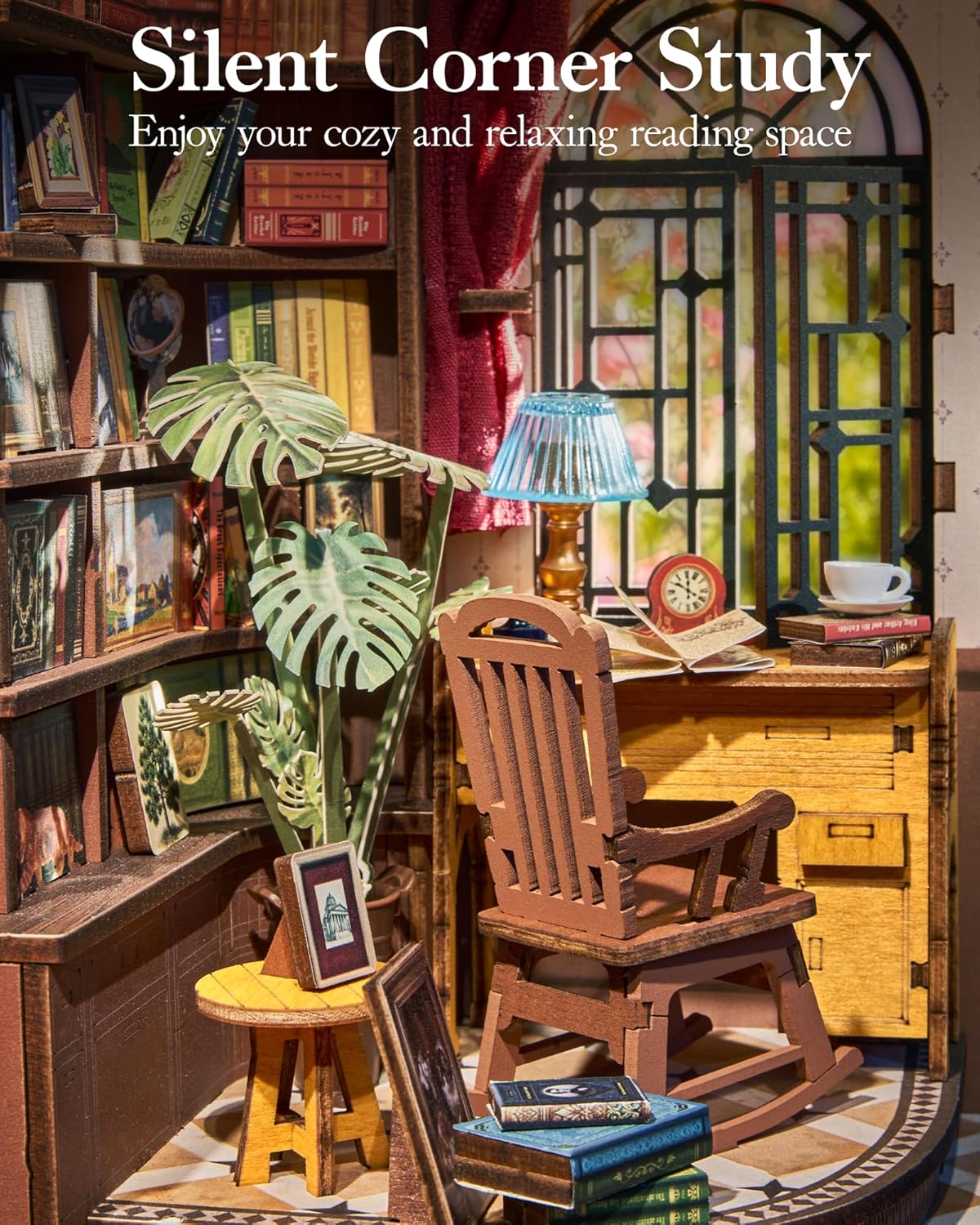 ROBOTIME Book Nook Kit, DIY Miniature House Kit, 3D Wooden Puzzle Bookends,Bookshelf Decor, Simple Assembly Dollhouse Kit, Creative Unique Gifts for Adults/Teens/Beginner (Silent Corner Study)