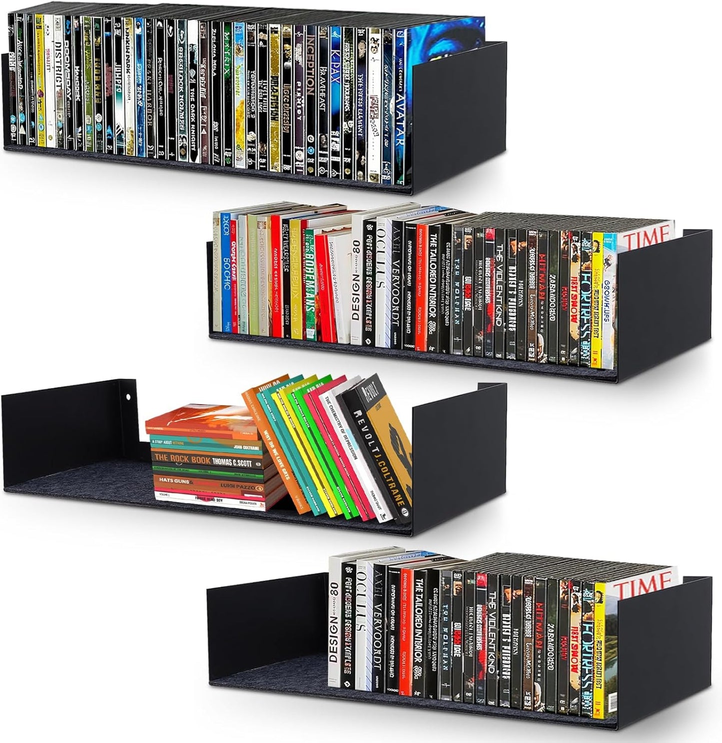 U Shape Floating Shelves Wall Mount Metal Bookshelf CD DVD Storage Display Shelves, Black Set of 4