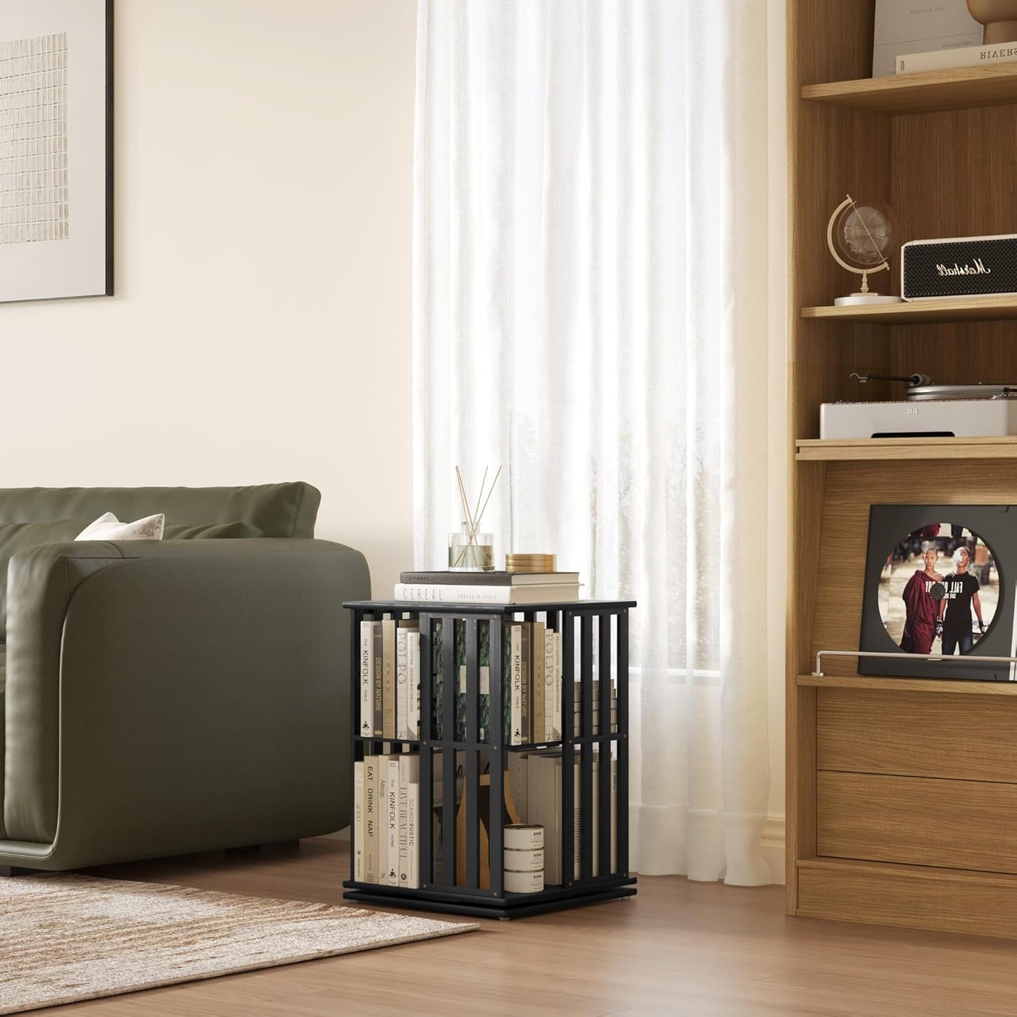 YOWOS Rotating Bookshelf Tower, 360 Display Spinning Bookcase, Bamboo Bookshelf Floor Standing Storage Rack, Wood Narrow Book Shelf Organizer for Kids&Adults (Black, 2 Tier)