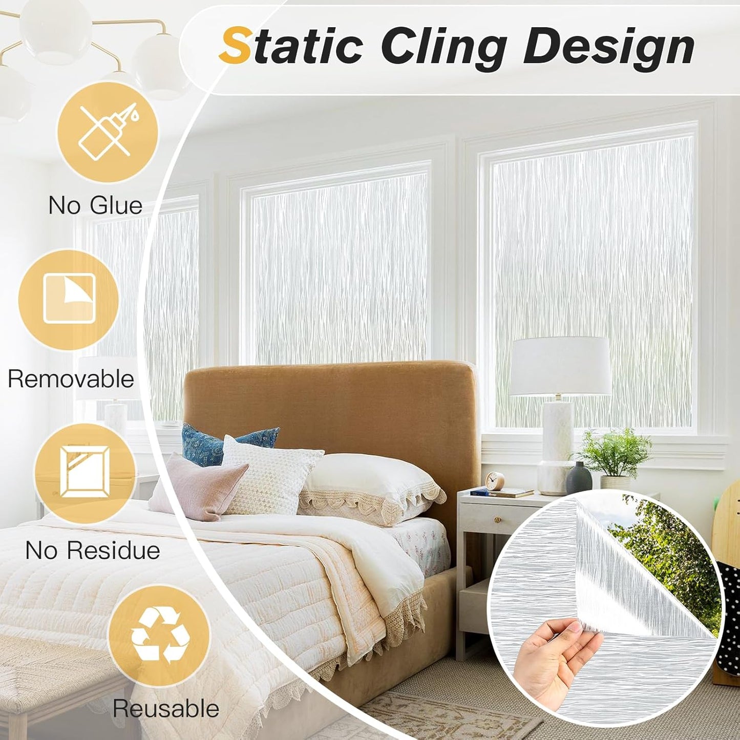 Haton Window Privacy Film, Frosted Glass Privacy Window Clings, Sun Blocking Frosting Opaque Coverings, Static Cling Removable Decorative Stickers for Home Door, Non-Adhesive 17.5" x 118.1"