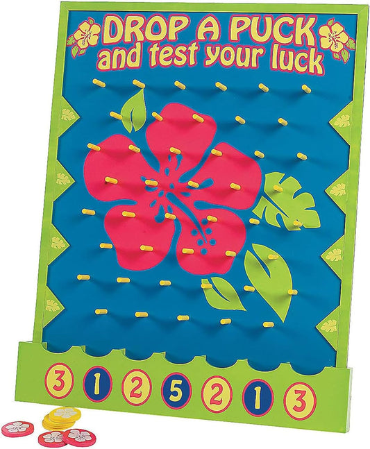 Fun Express 16" x 20" Tropical Luau Multicolor Wood Tabletop Disc Drop Game - 8 Pieces in Set - Great for Vacation Bible School, Birthday Parties and Luaus