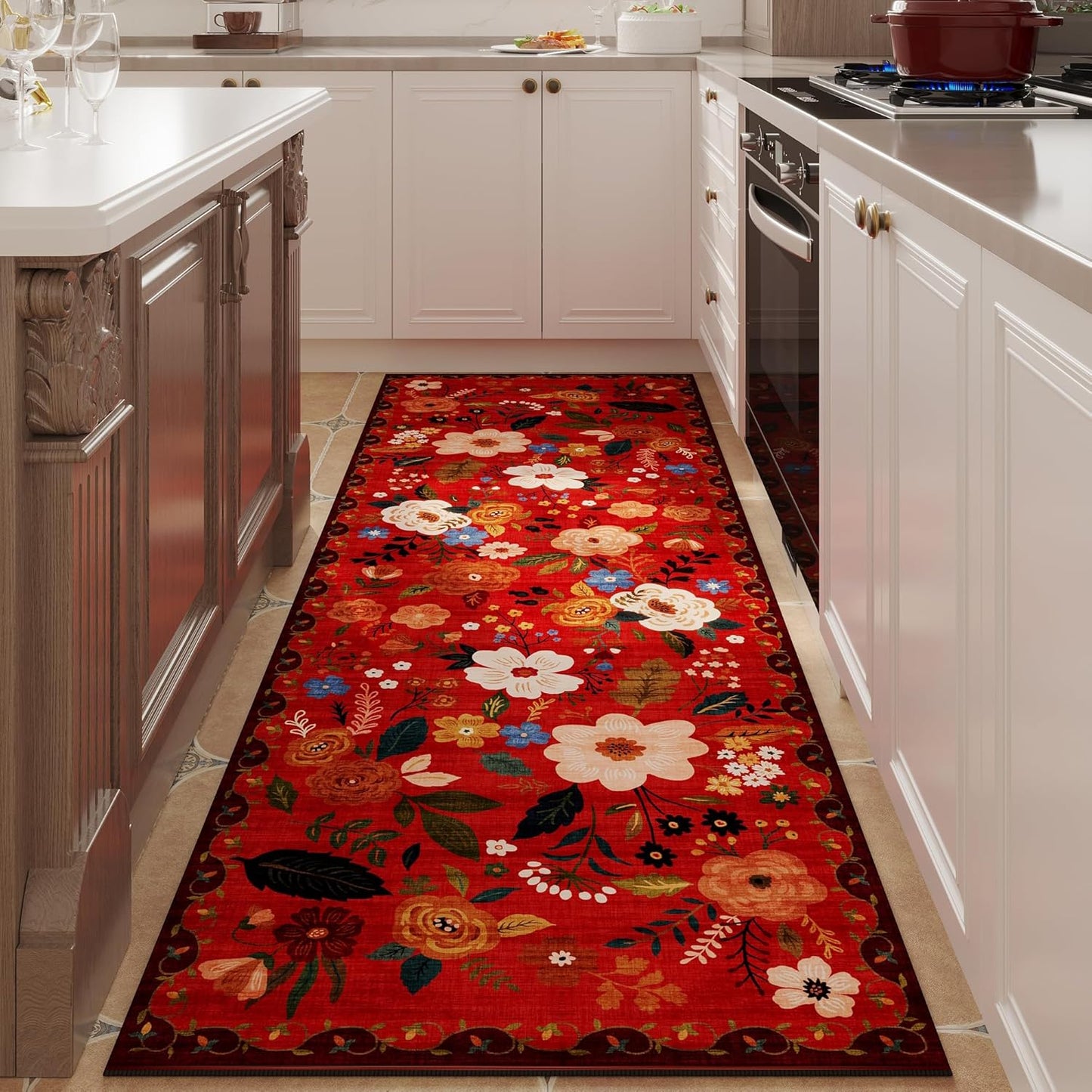 Rugcomf Runner Rug for Hallways Kitchen Rug Non Slip 2'6''x8' Washable Runner Rugs with Rubber Backing Soft Floral Carpet Runner for Hallways, Kitchen, Laundry, Bedroom, Bathroom(Red)