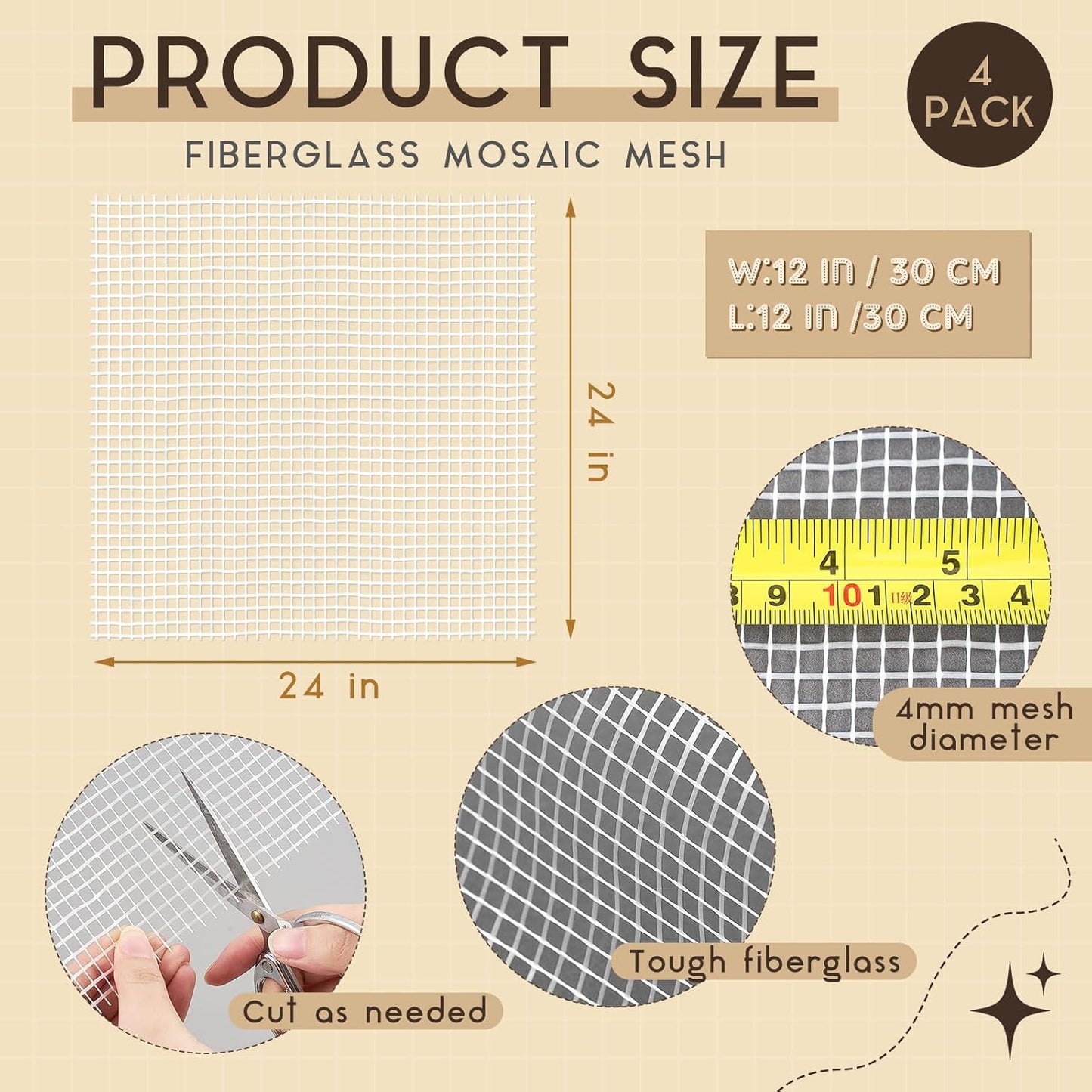 4 Set 24" X 24" Mosaic Mesh for Back Mounted Tile Fiberglass Mosaic Mesh Backing Boast for Tile Installation Supplies Tools (Non Sticky)