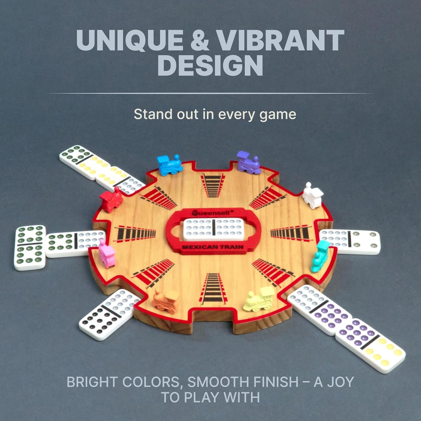 Queensell Dominoes Double 12 with 4 Holders + Wooden Hub + Score Pad + Metal Trains