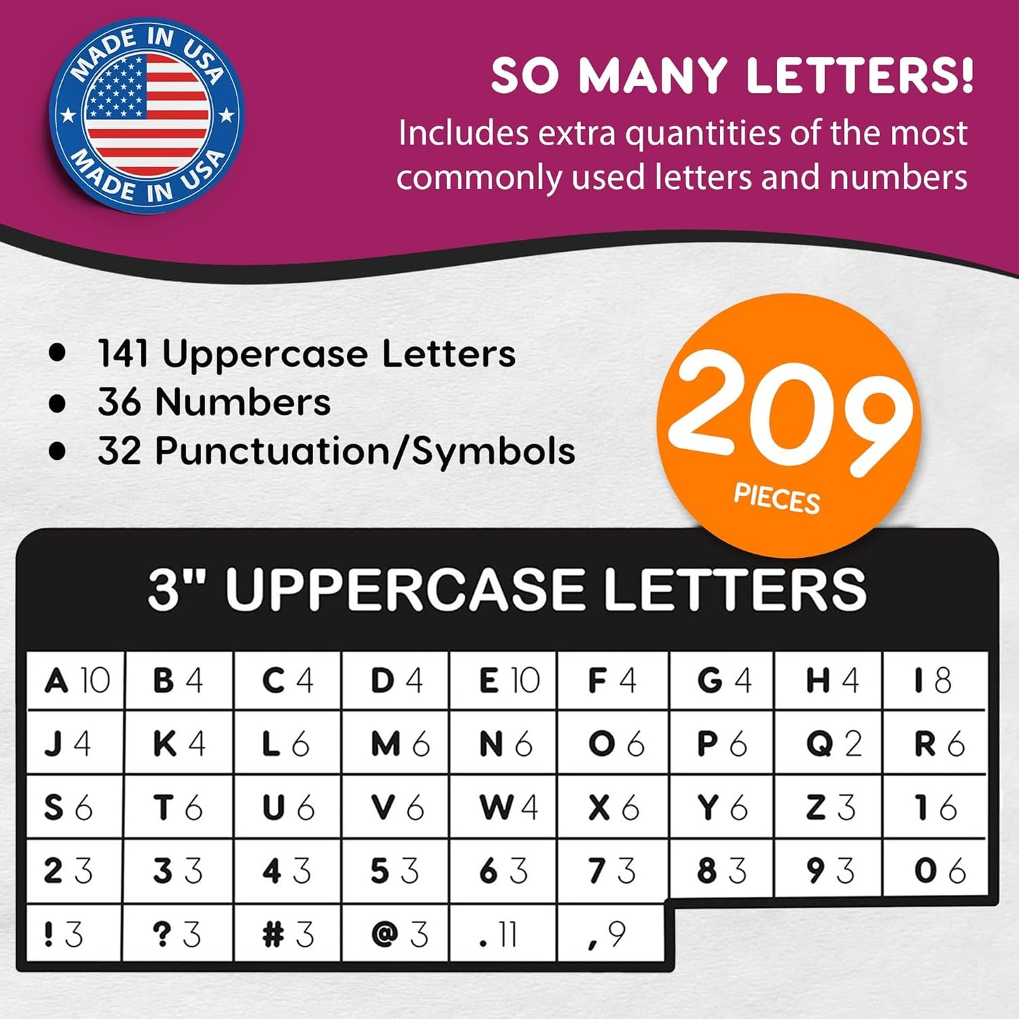 209 Pcs 3 in. White Bulletin Board Letters & Numbers, Capital Letters, Numbers, Punctuation, US Made Card Stock Punch Out Letters for Poster, Bulletin Board, Classroom
