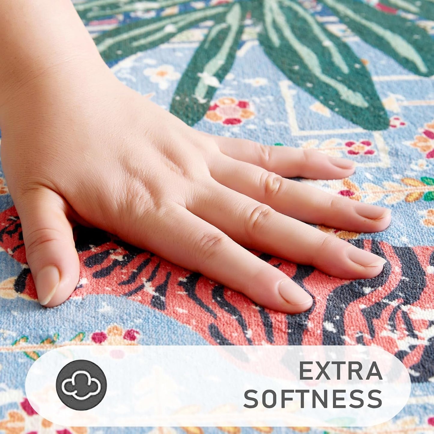 Washable Blue Rugs Thin Oriental Boho Vintage Tropical Jungle 9x12 Area Rugs for Bedroom Kitchen Dining Living Room Office Distressed Indoor Large Carpet