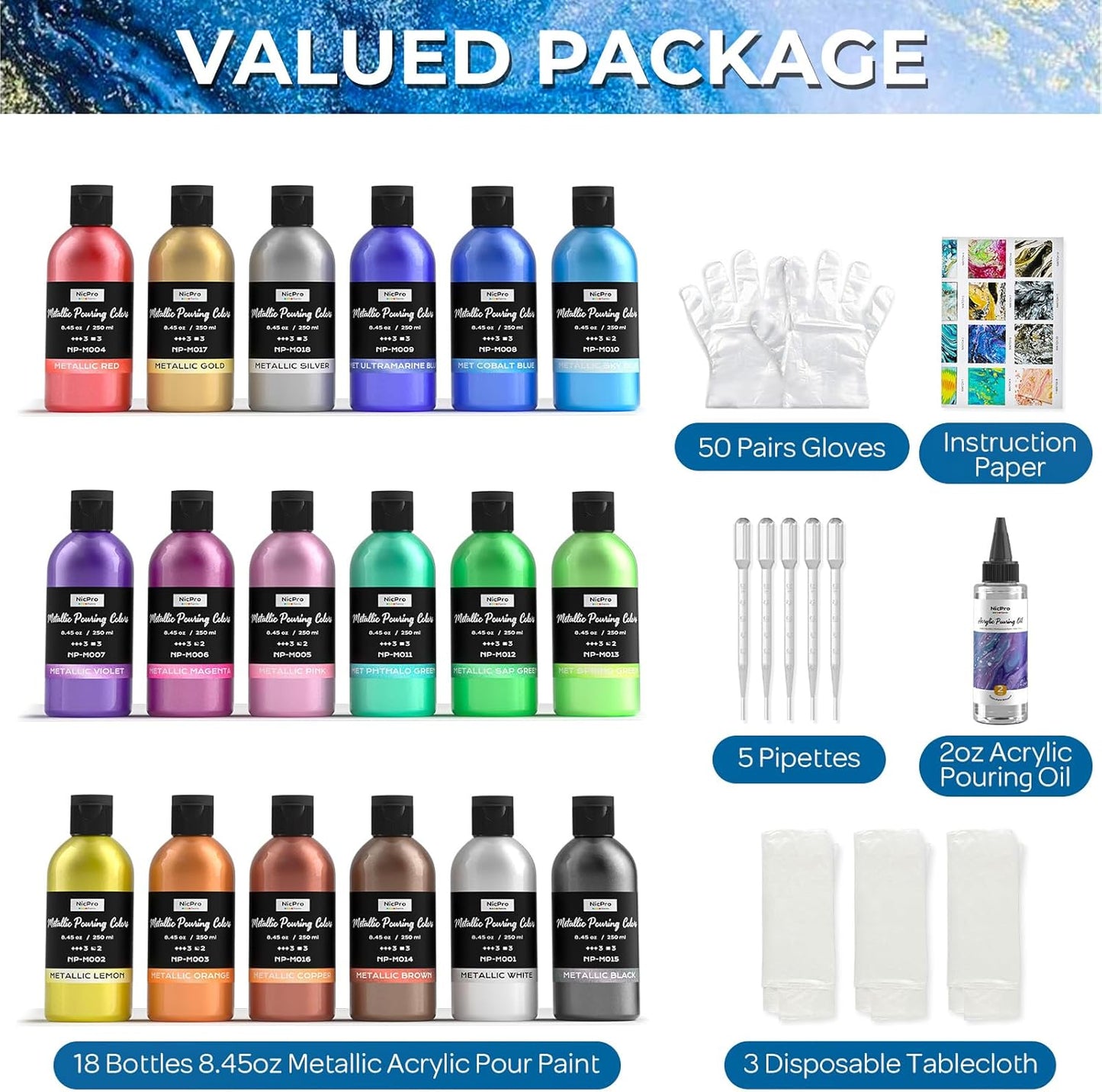 Nicpro 18 Colors 8.45oz Metallic Acrylic Pour Paint Supplies Kit, Large Volume Ready to Pour Premixed High Flow Pouring Paint Set with Silicone Pouring Oil, Gloves, Instructions for Beginner DIY