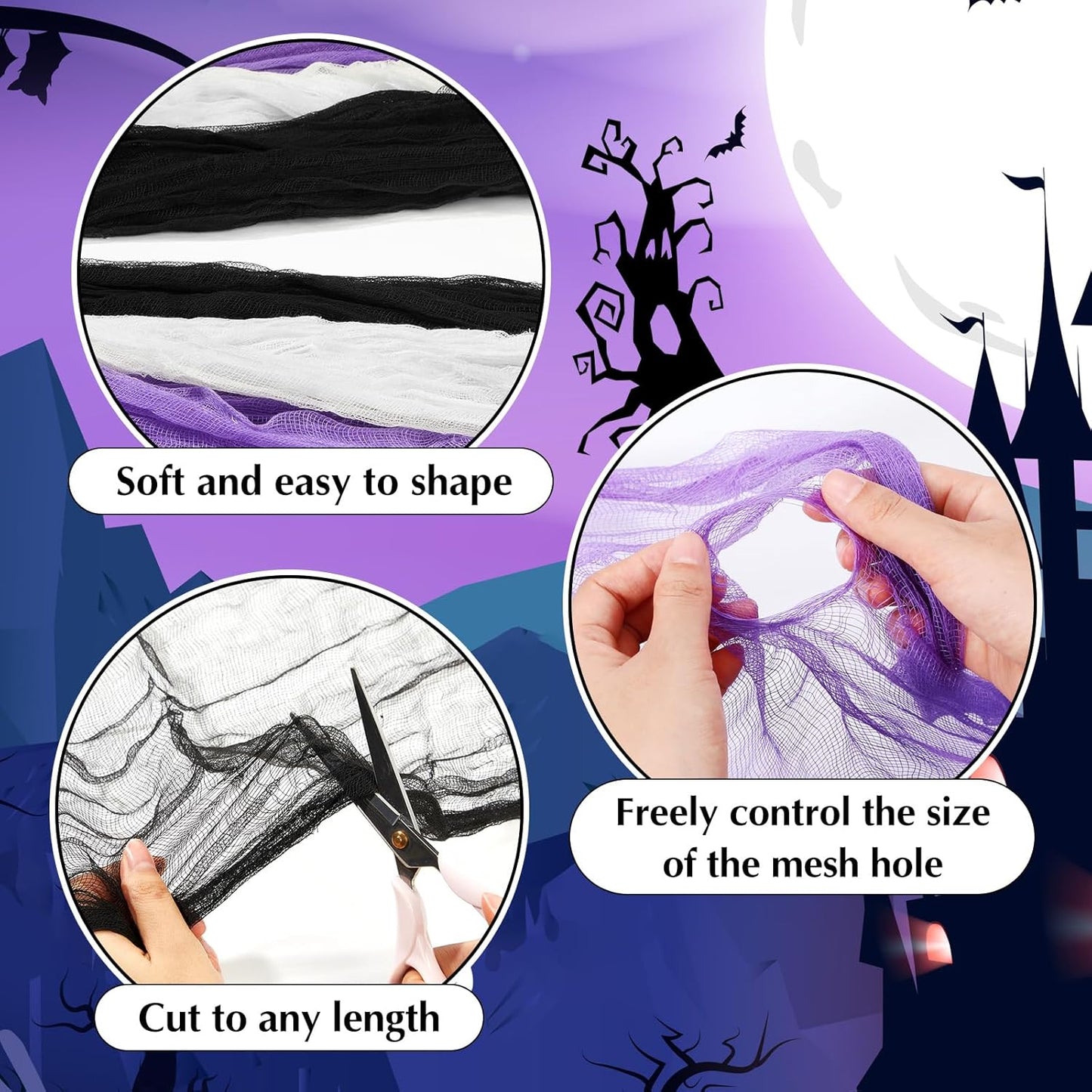 Boao Halloween Cheese cloth 84.65 x 590.55 Inch White Black and Purple Cheesecloth Roll for Crafts Large Cotton Muslin Gauze Fabric for Halloween Outdoor & Indoor Spooky Decoration