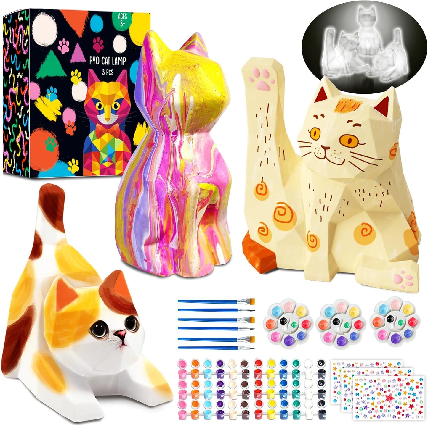 FUNZBO 3pcs Paint Your Own Cat Lamp Kit - Halloweens Arts and Crafts Supplies Kitten Painting Kits for Kid Teen, DIY Night Light Toy for Toddlers Girl Boy Age 3 4 5 6 7 8 9 10 11 12 13 Birthday Gifts