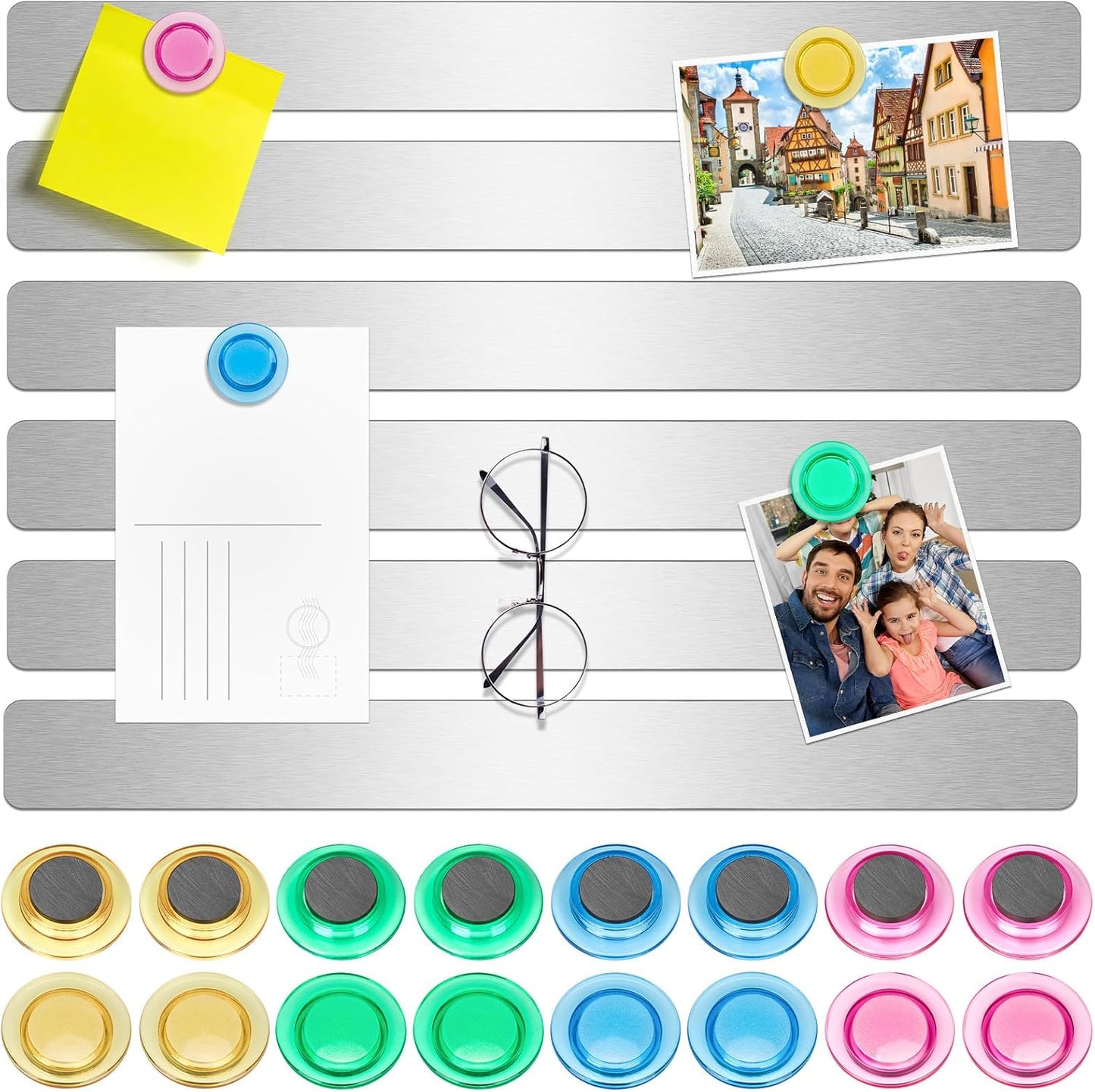 Wukong 6 Pack | 30x3cm(11.81 x 1.18) Magnetic Stainless Silver Boards Strips, Adhesive Backing Bulletin Bar Board, Memo Board with 16Pcs Colorful Magnets for Office, Home, Photo Wall, Documents