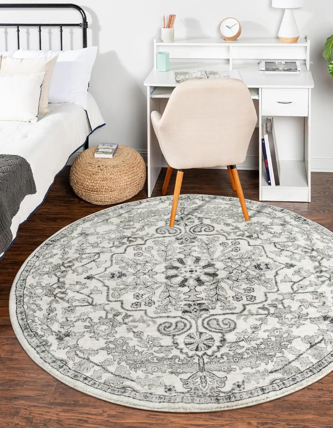 Lahome Round Rug 5'3"Ft, Soft Rugs for Living Room Machine Washable Rugs for Bedroom, Bohemian Medallion Non-Slip Non-Shedding Print Indoor Carpet for Entryway Bathroom Coffee Table, Beige
