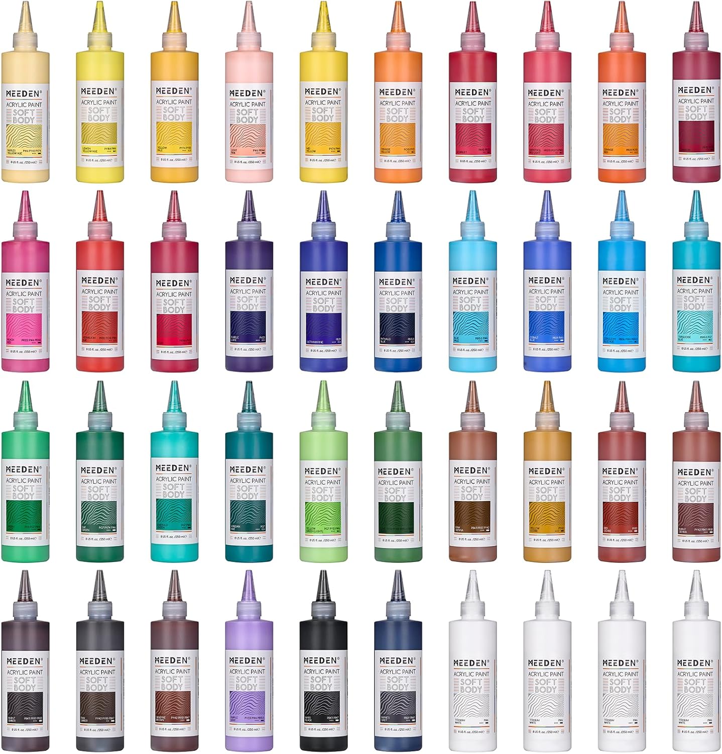 MEEDEN Soft Body Acrylic Paints Set: Matte Finish 40 Colors x 250ml/8.45oz Fluid Acrylic Paints for Art Painting on Canvas Wood & Glass for Students Adults Artists
