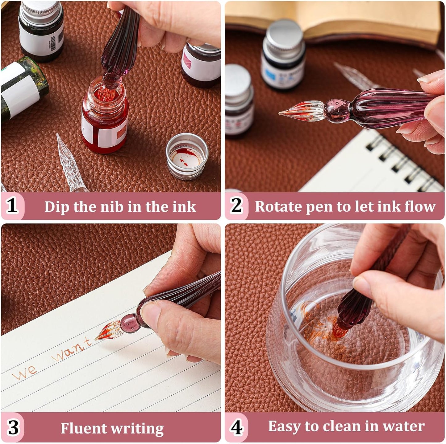 Zonon Glass Dipped Pen Ink Set 14 Pcs Include 6 Pcs Glass Dip Pen, 6 Colorful India Ink and 2 Holder Crystal Signature Calligraphy for Art, Writing, Signatures, Gift (Purple Pink Color System)