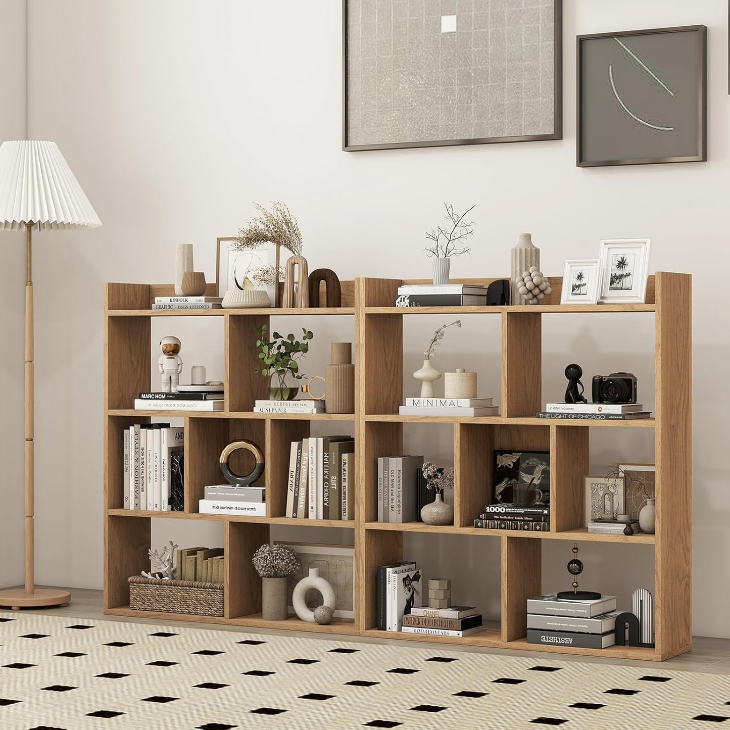 Giantex 7 Cubes Bookshelf, Free-Standing Wooden Bookcase, 4 Tier Home Display Shelf, Horizontal Storage Unit w/Anti-Toppling Devices, Open-Back Display Rack for Study, Living Room (2, Natural)