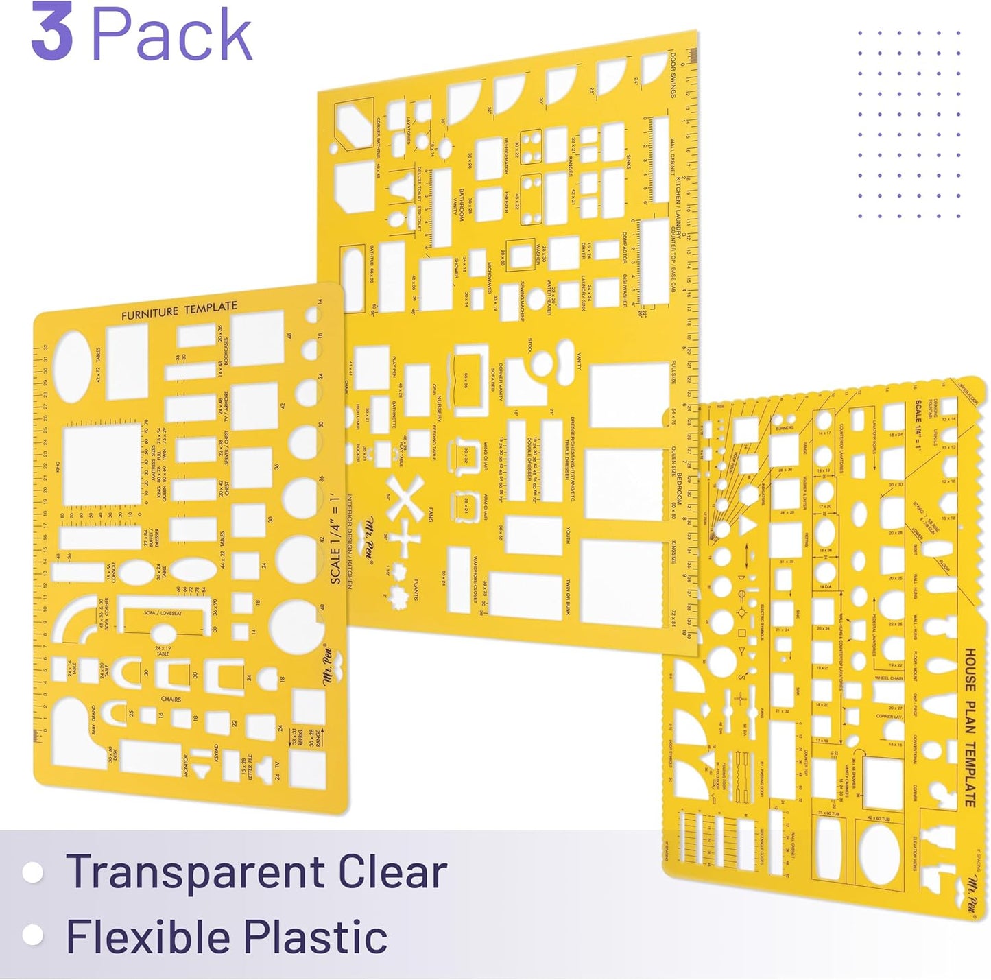 Mr. Pen- House Plan, Interior Design and Furniture Templates, Drafting Tools and Ruler Shapes for Architecture - Set of 3