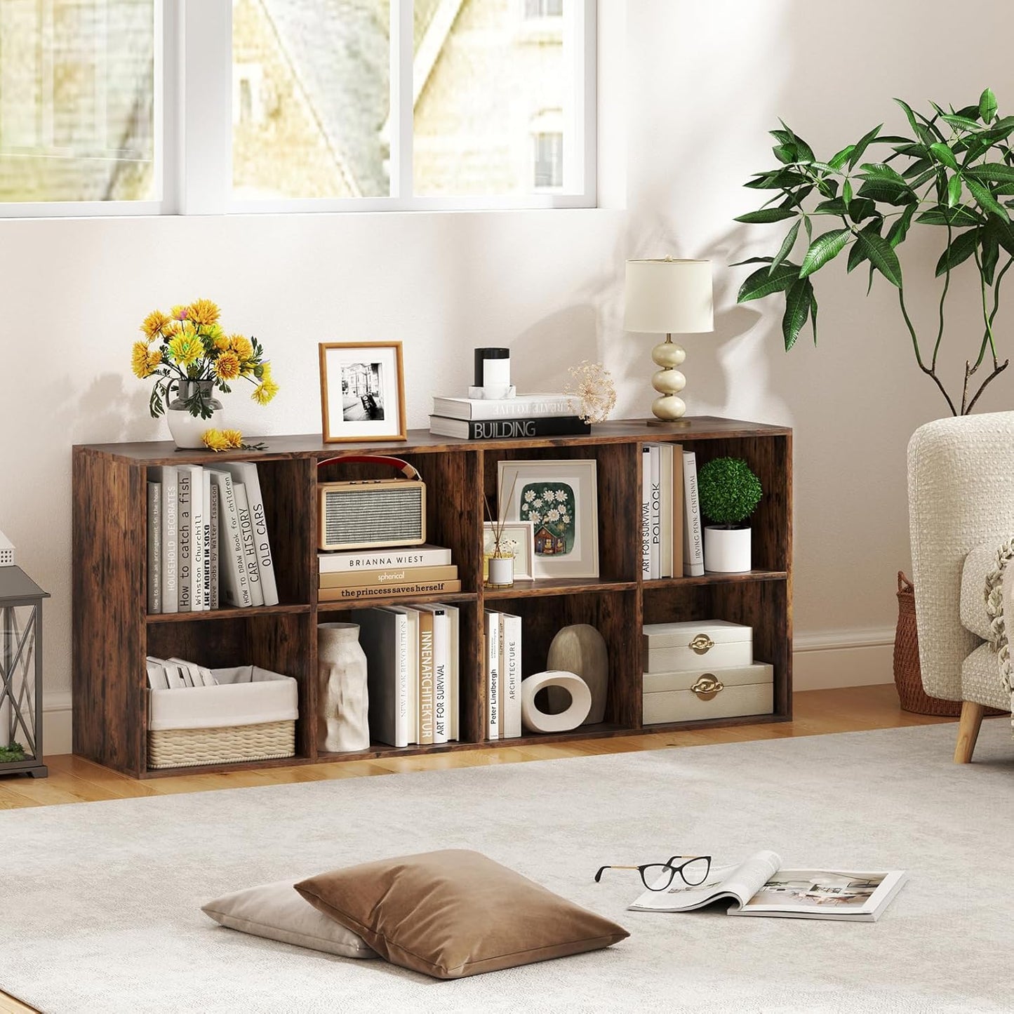 Giantex 8-Cube Bookcase, Floor Standing Bookshelf with Storage & 2 Anti-Tipping Kits, Open Storage Organizer, Cubby Wooden Book Shelf for Living Room, Study & Bedroom, Rustic Brown